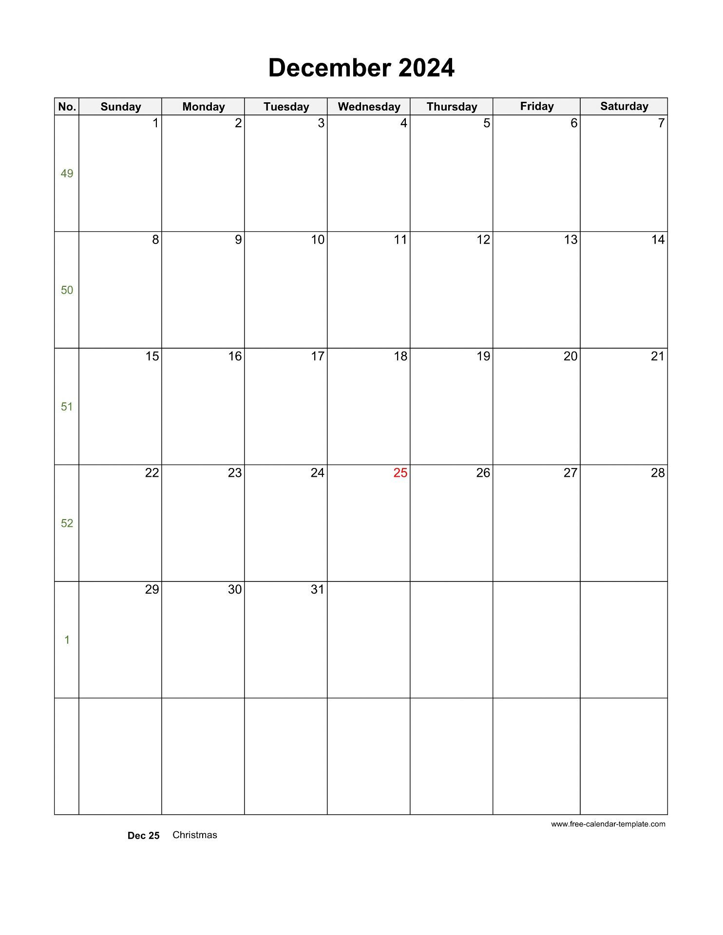 2024 December Calendar (Blank Vertical Template) | Free-Calendar throughout December 2024 Calendar Printable Vertical