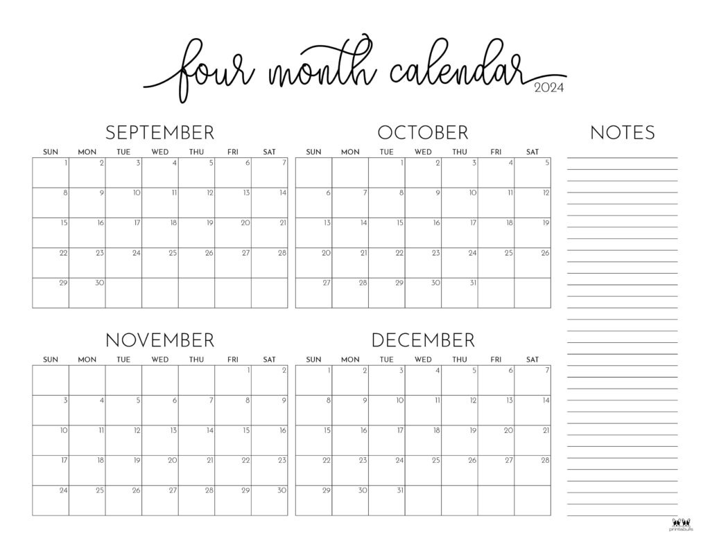 2024 Four Month Calendars - 18 Free Printables | Printabulls in Printable Calendar 2024 September to December