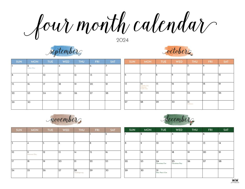 2024 Four Month Calendars - 18 Free Printables | Printabulls inside Printable Calendar 2024 September to December