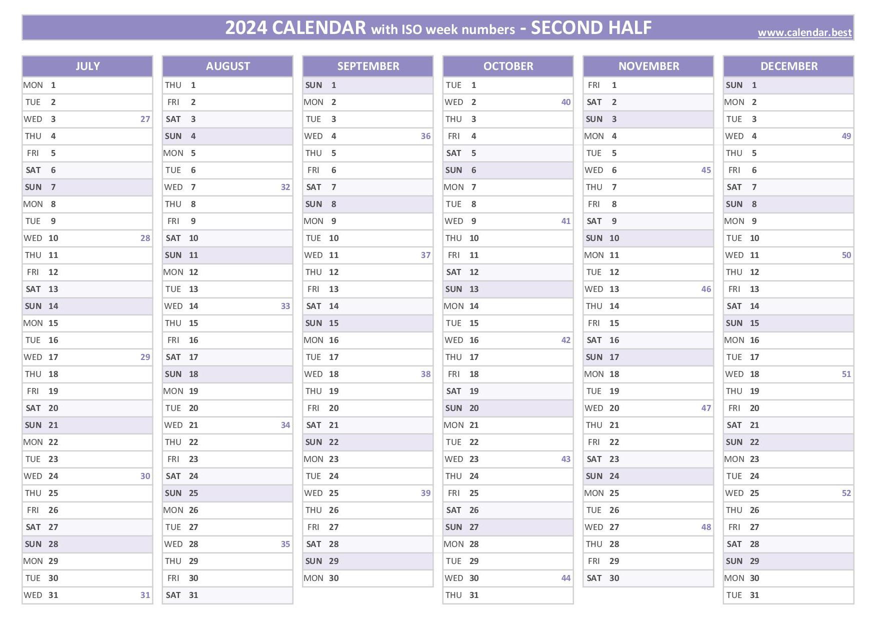 2024 Half Year Calendar To Print pertaining to Printable Calendar July 2024 to December 2024