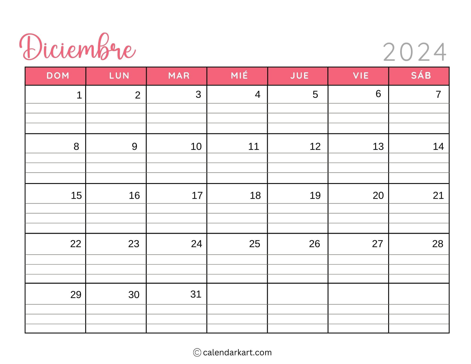 40 Printable December 2024 Calendars | Free Pdf - Calendarkart in December 2024 Calendar with Lines Printable