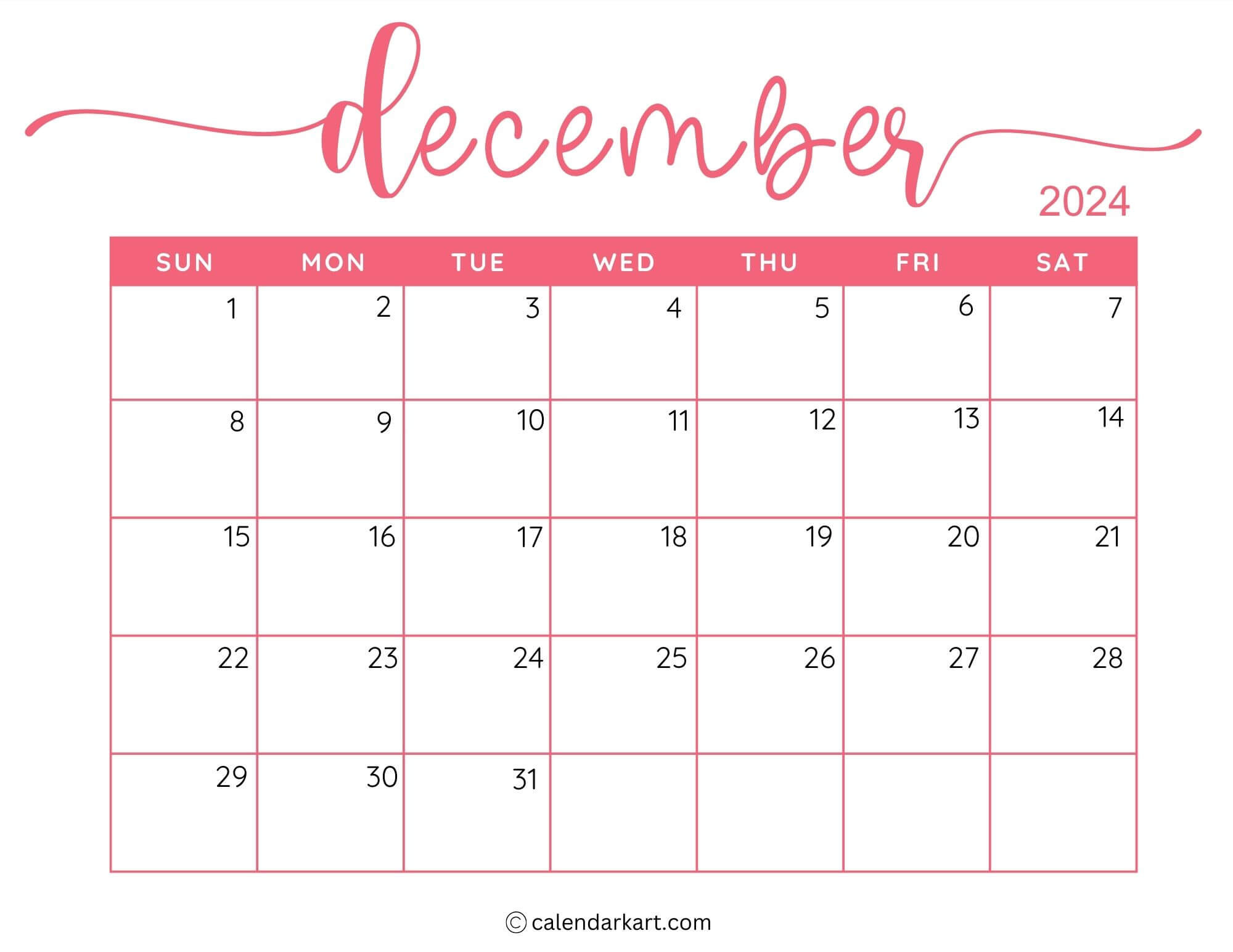 40 Printable December 2024 Calendars | Free Pdf - Calendarkart regarding December 2024 Calendar With Holidays First Printable