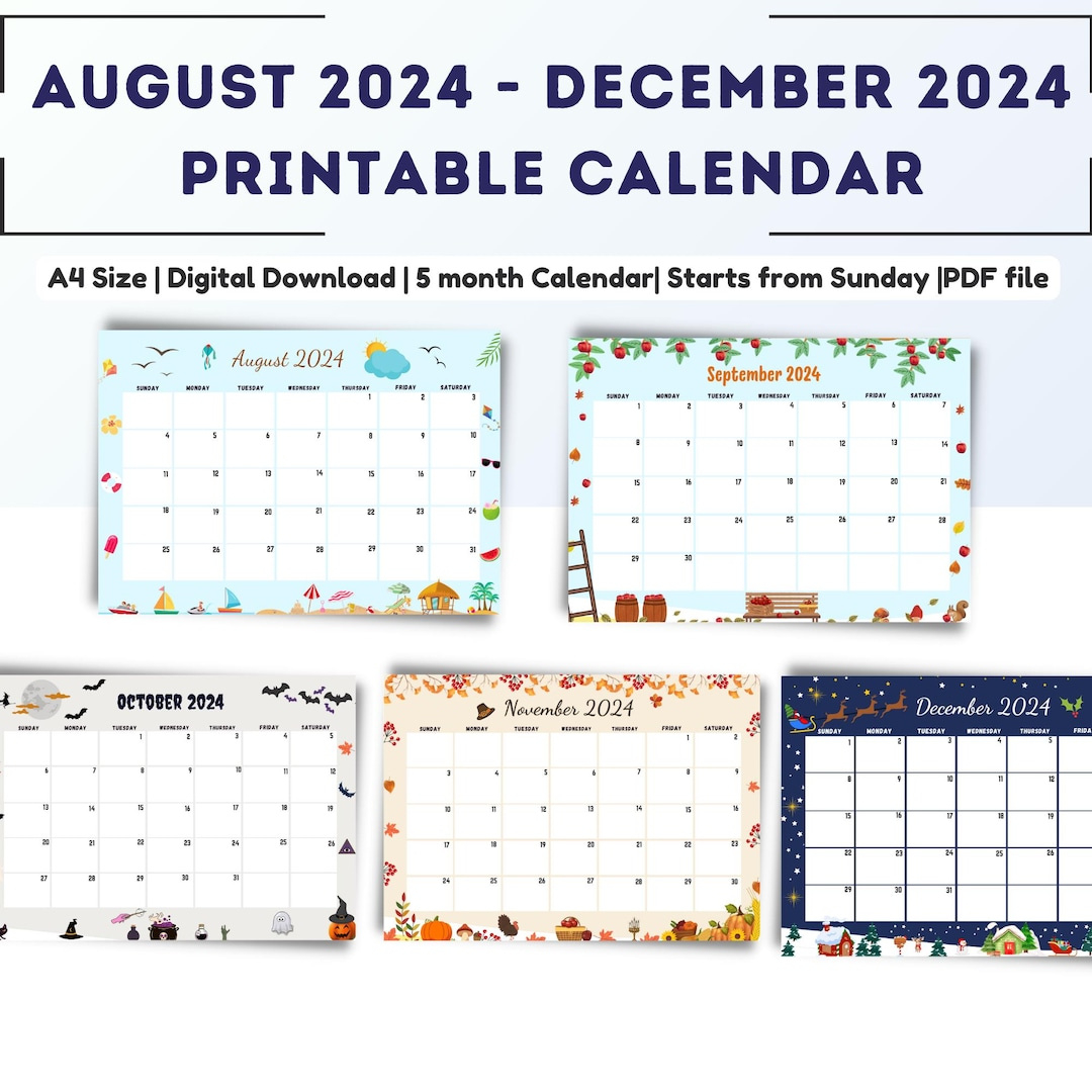 August 2024 Bis Dezember 2024 Kalender, 6-Monats-Querformat, Monatlich, A4, Digital, Sofort-Download, 2024 Druckbar, Kalender Von Monat Zu Monat - for August To December 2024 Calendar Printable