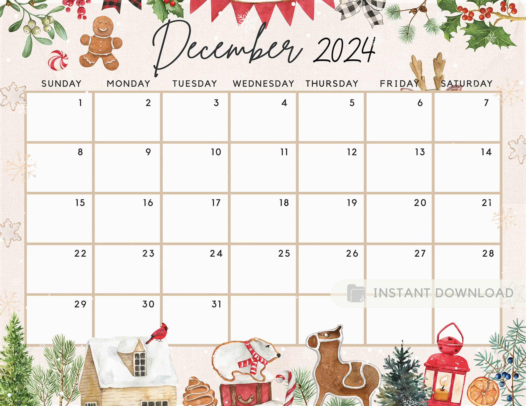 Buy Fillable December 2024 Calendar, Cute Festive Snowy Winter pertaining to December 2024 Calendar Printable Cute