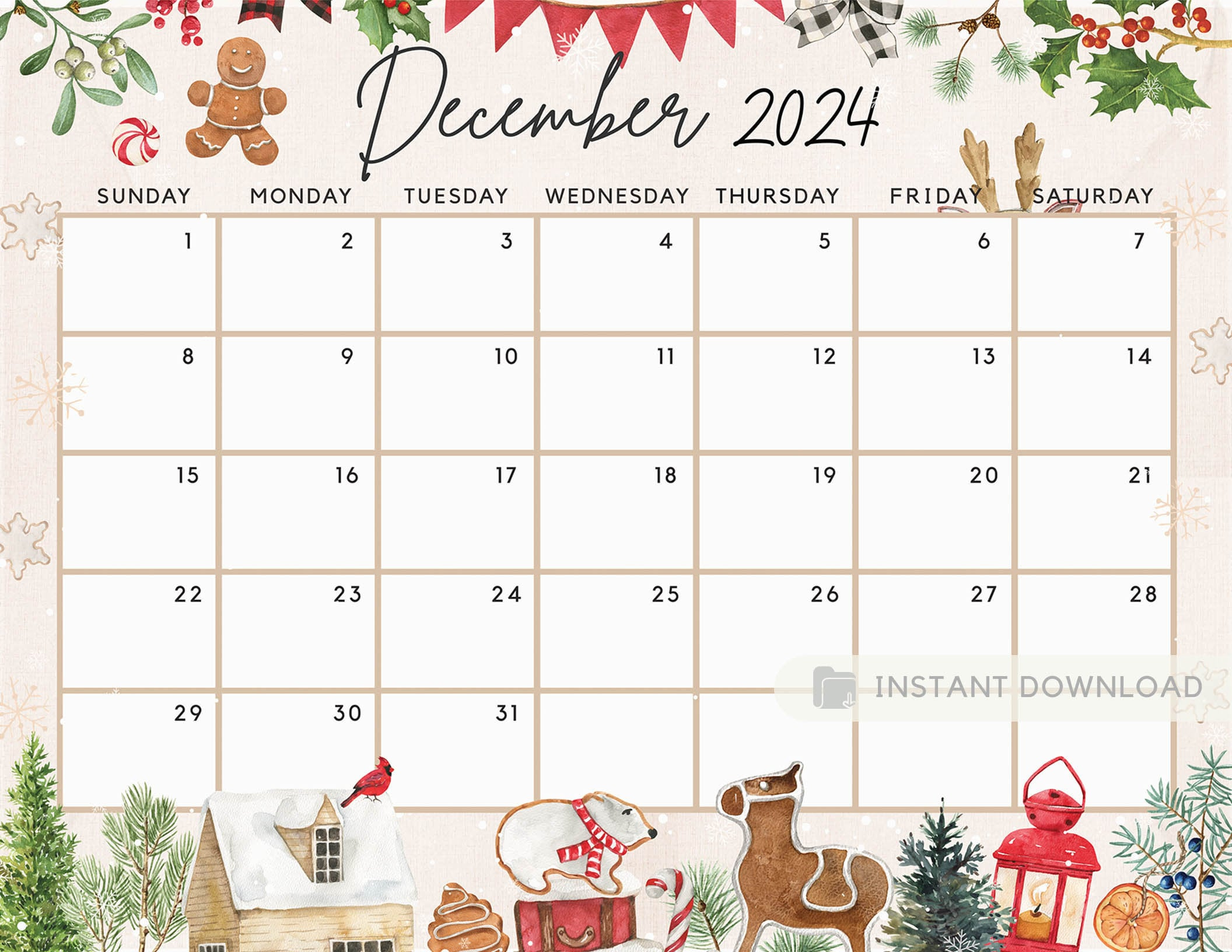 Buy Fillable December 2024 Calendar, Cute Festive Snowy Winter throughout Cute December 2024 Printable Calendar