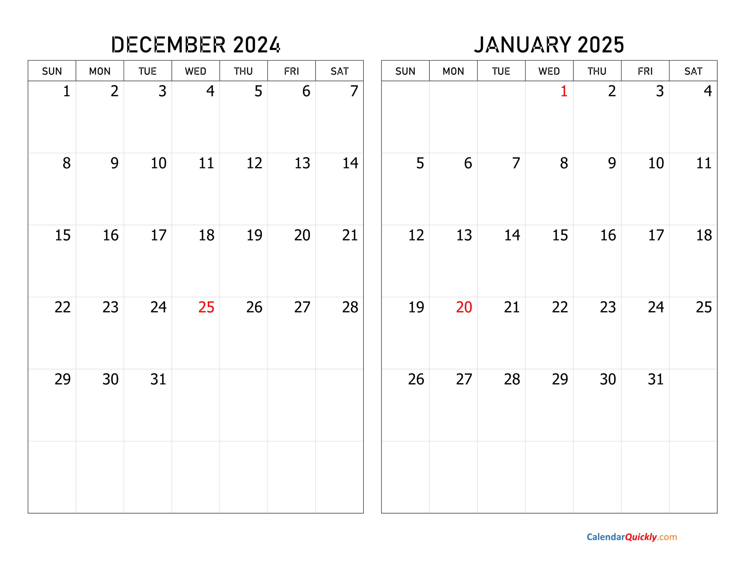 December 2024 And January 2025 Calendar | Calendar Quickly for December 2024 and January 2025 Calendar Printable