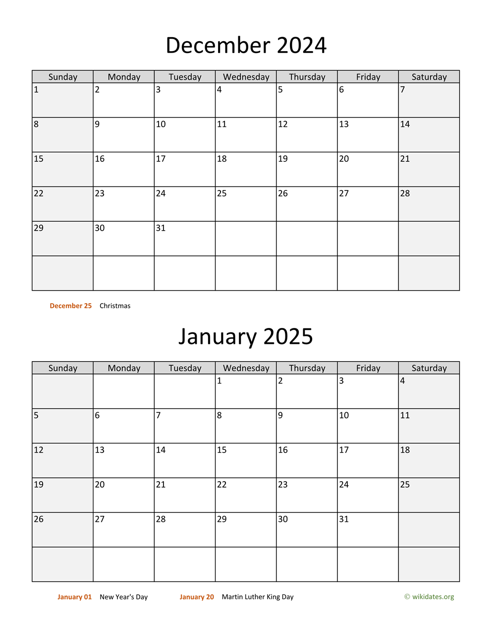 December 2024 And January 2025 Calendar | Wikidates in December 2024 January Calendar Printable