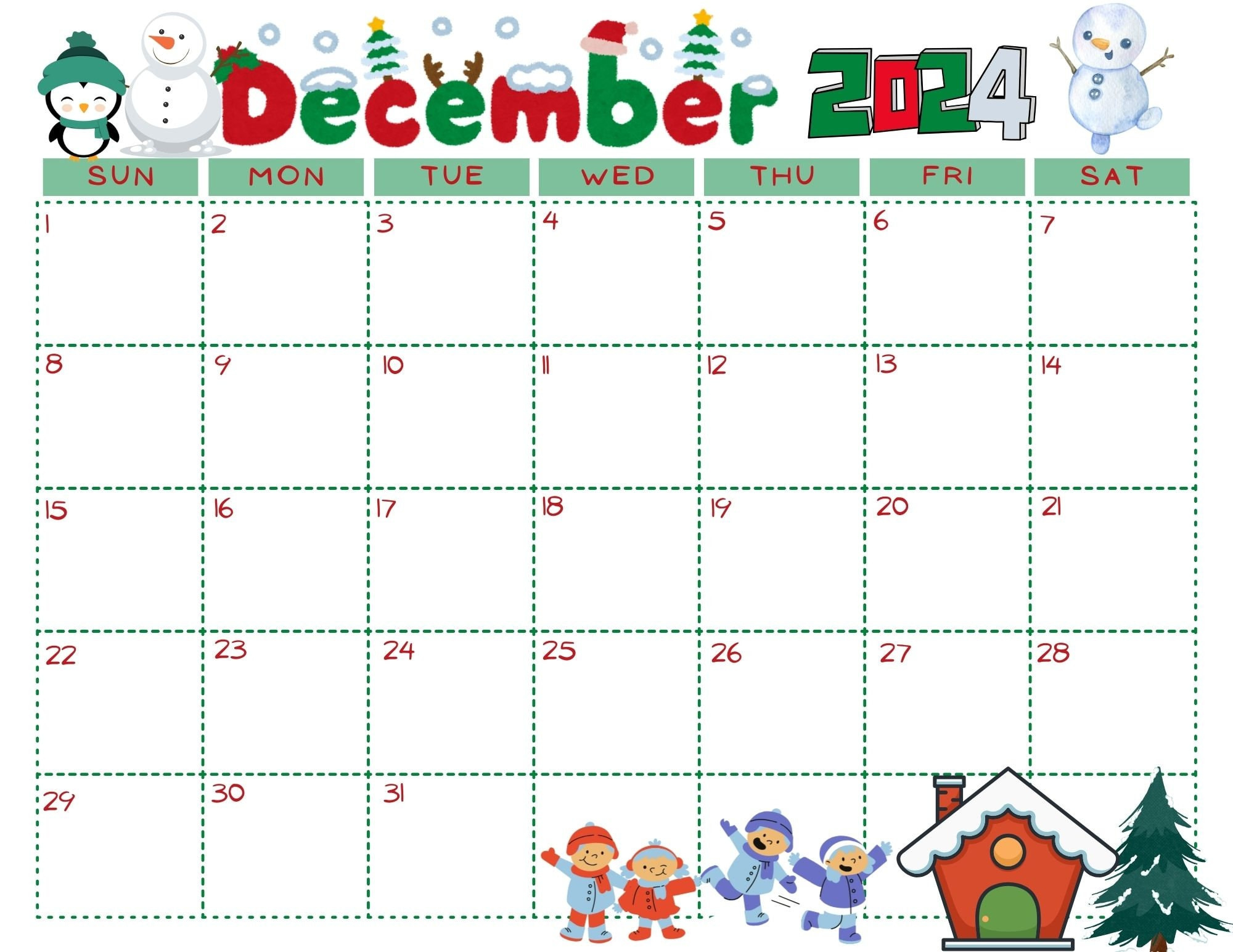 December 2024 Calendar Digital, Printable - Etsy throughout Free December 2024 Preschool Printables