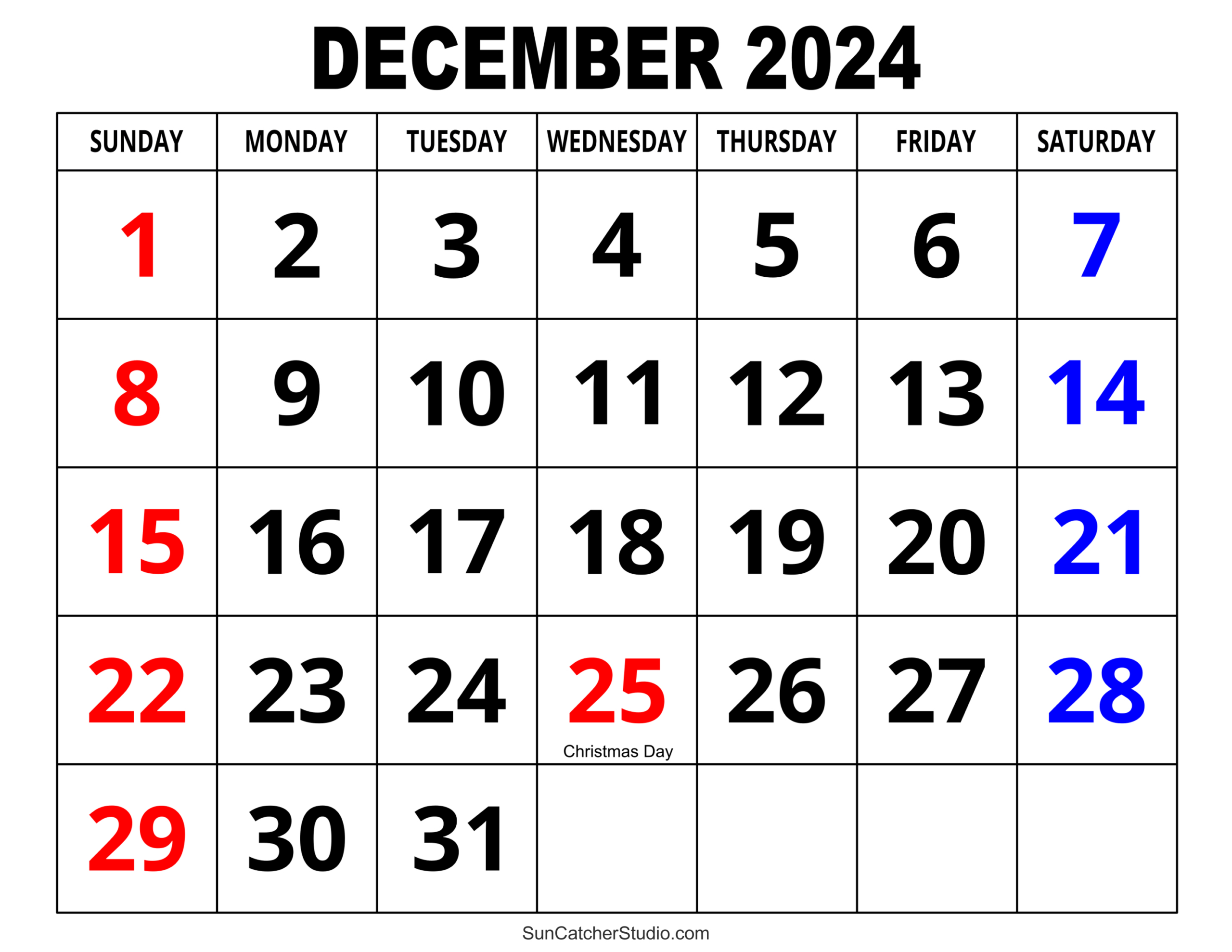 December 2024 Calendar (Free Printable) – Diy Projects, Patterns inside Large Printable Calendar December 2024