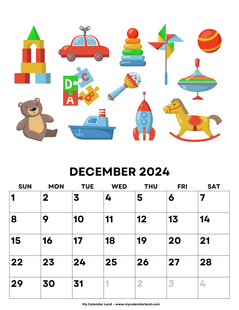 December 2024 Calendar – My Calendar Land for December 2024 Children&amp;amp;#039;s Calendar Printable