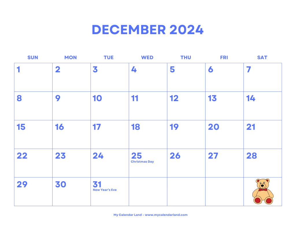 December 2024 Calendar – My Calendar Land in December 2024 Children&amp;#039;S Calendar Printable