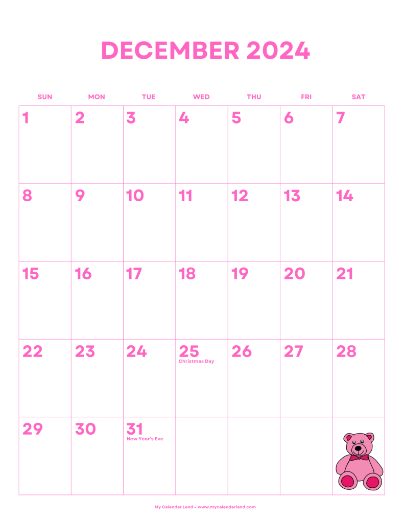 December 2024 Calendar – My Calendar Land regarding December 2024 Children&amp;#039;S Calendar Printable