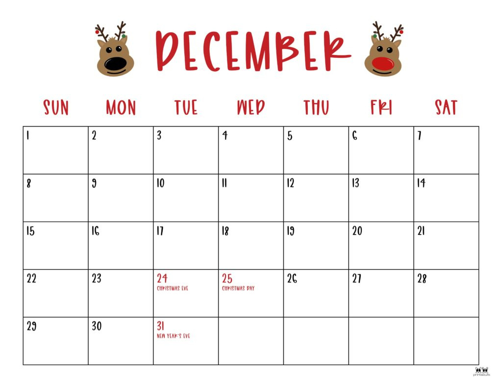 December 2024 Calendars - 50 Free Printables | Printabulls for December 2024 Calendar with Holidays First Printable