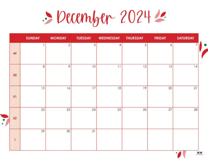 December 2024 Calendar Numbers Printable