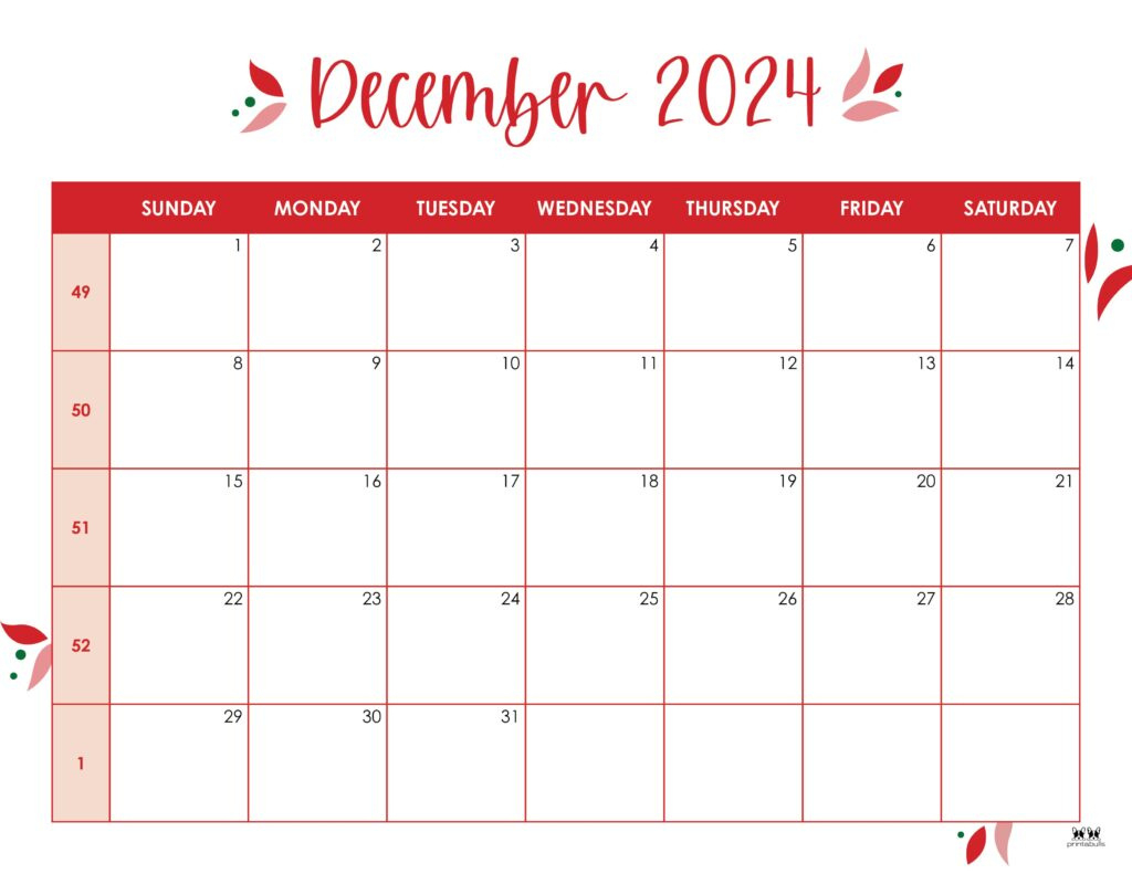 December 2024 Calendars - 50 Free Printables | Printabulls within December 2024 Calendar Numbers Printable