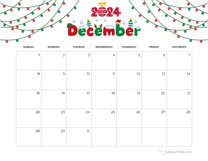 Free Printable December 2024 Christmas Calendar