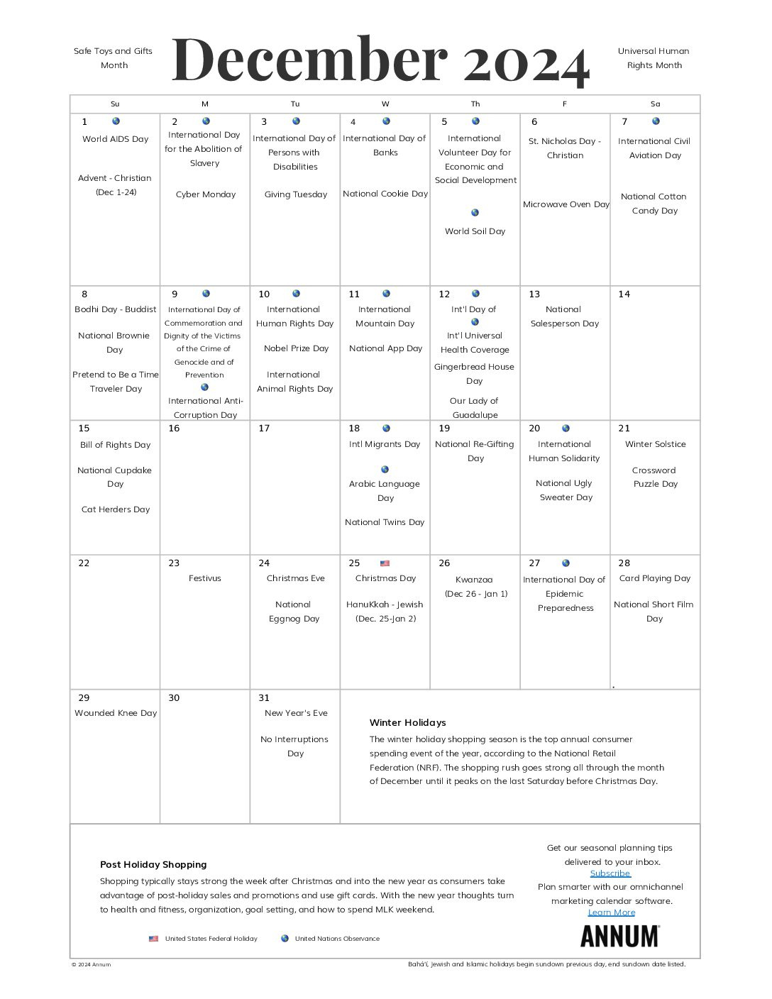 December 2024 Printable Calendar | December Holidays | Annum with regard to December 2024 Holiday Calendar Printable