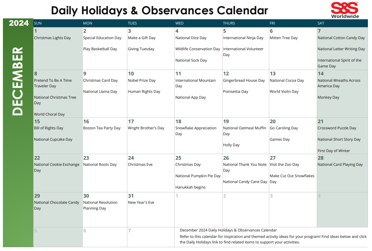 December Daily Holidays &amp;amp; Observances Printable Calendar - S&amp;amp;S Blog intended for December 2024 Daily Calendar Printable