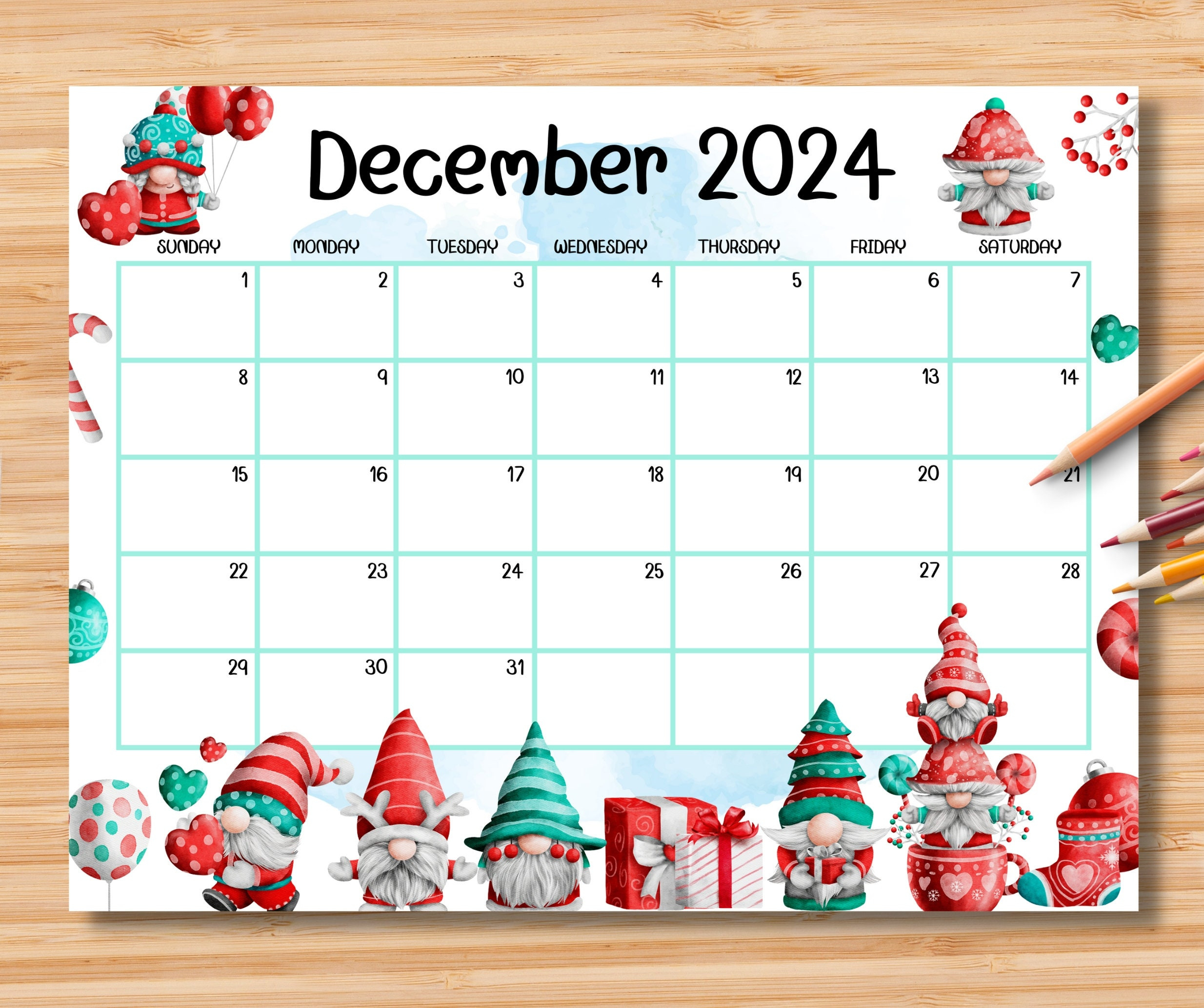 Editable December 2024 Calendar, Adorable Christmas W/ Cute Gnomes intended for Cute Printable December 2024 Calendar