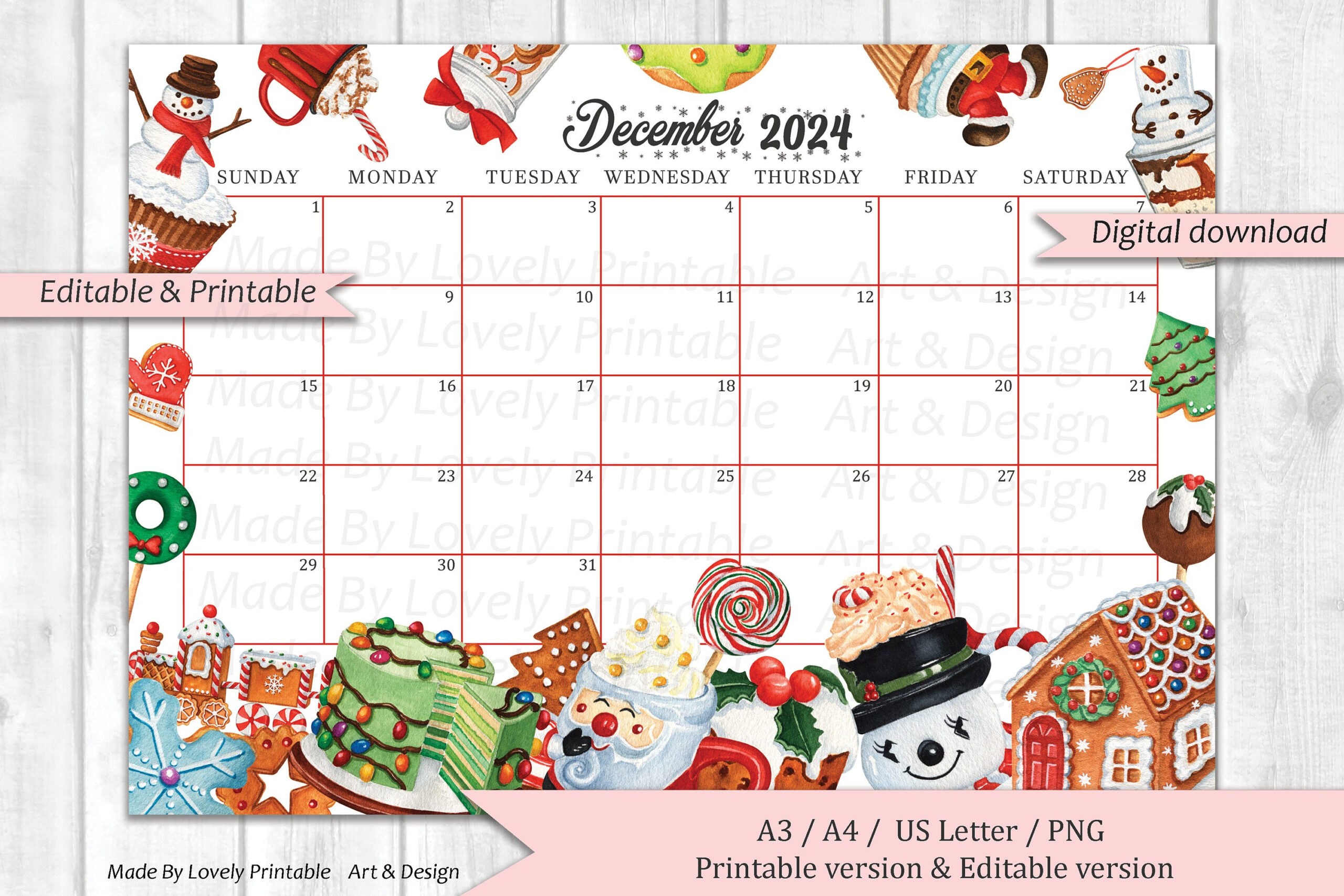 Editable December 2024 Calendar, Christmas Sweets &amp;amp; Drinks pertaining to Printable December 2024 Christmas Calendar