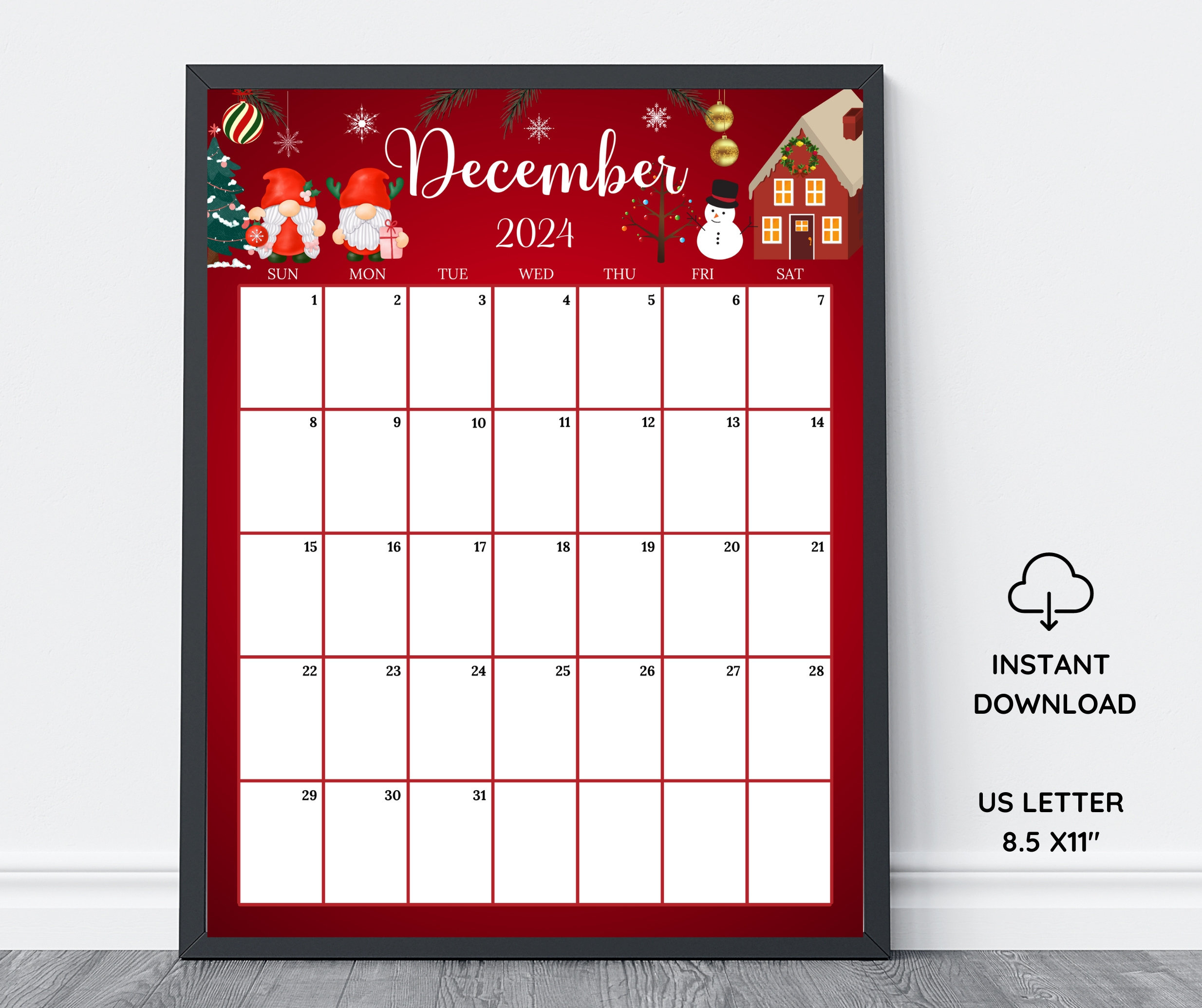 Editable December 2024 Calendar Vertical/Portrait, Cute Gnome with December 2024 Calendar Printable Vertical