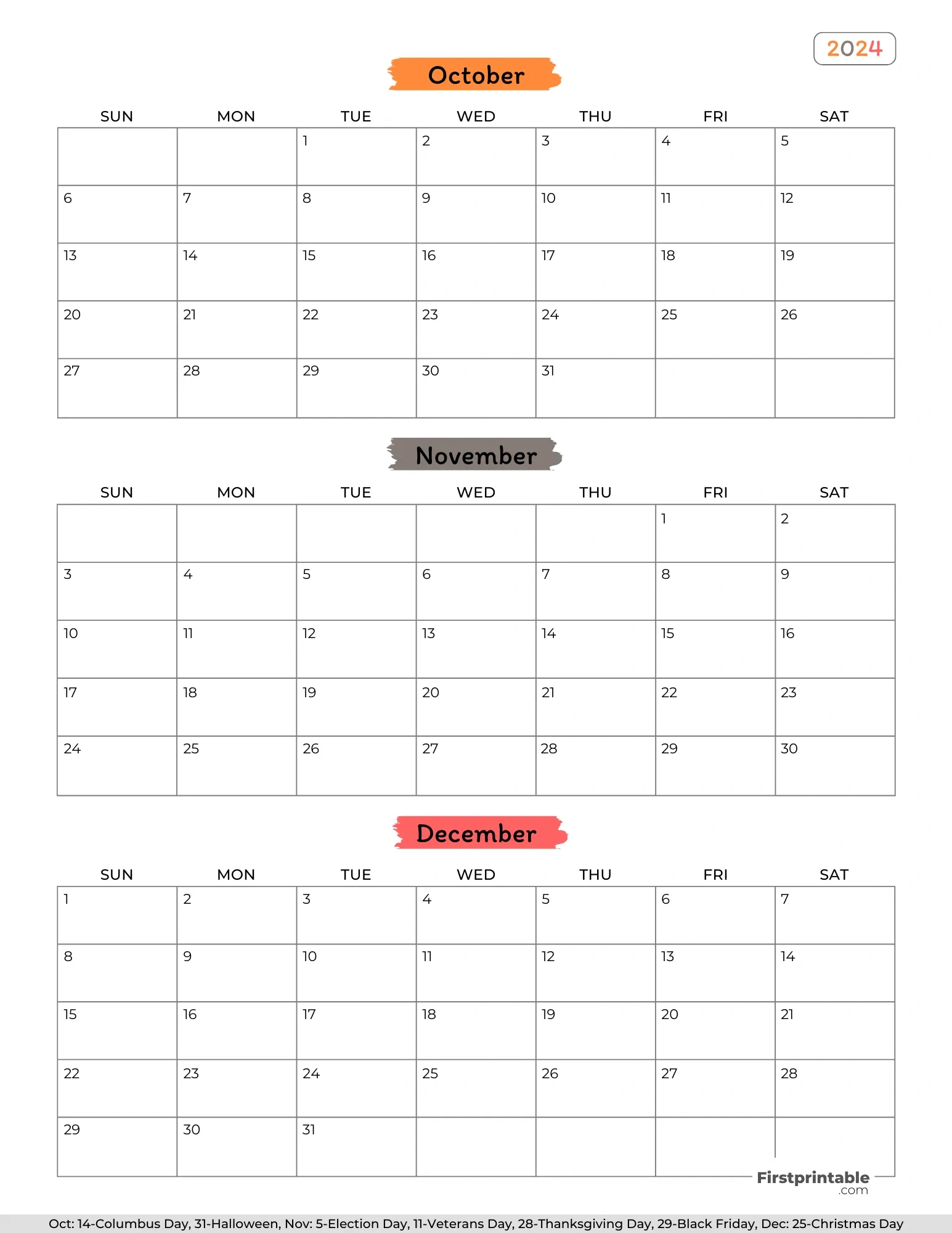 Free 3 Month Calendars 2024 regarding October November December 2024 Printable Calendar