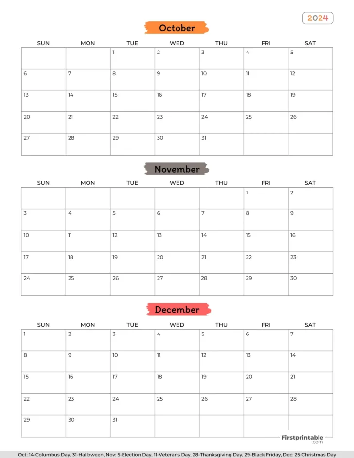 Printable Calendar October to December 2024