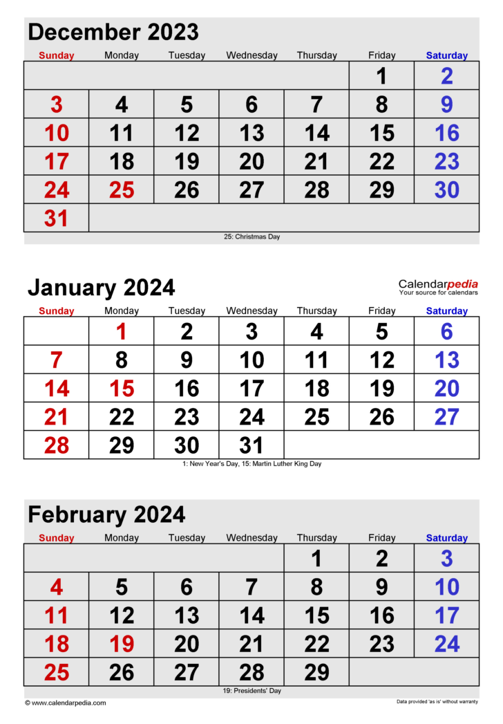 Printable 3 Month Calendar December 2024 January February