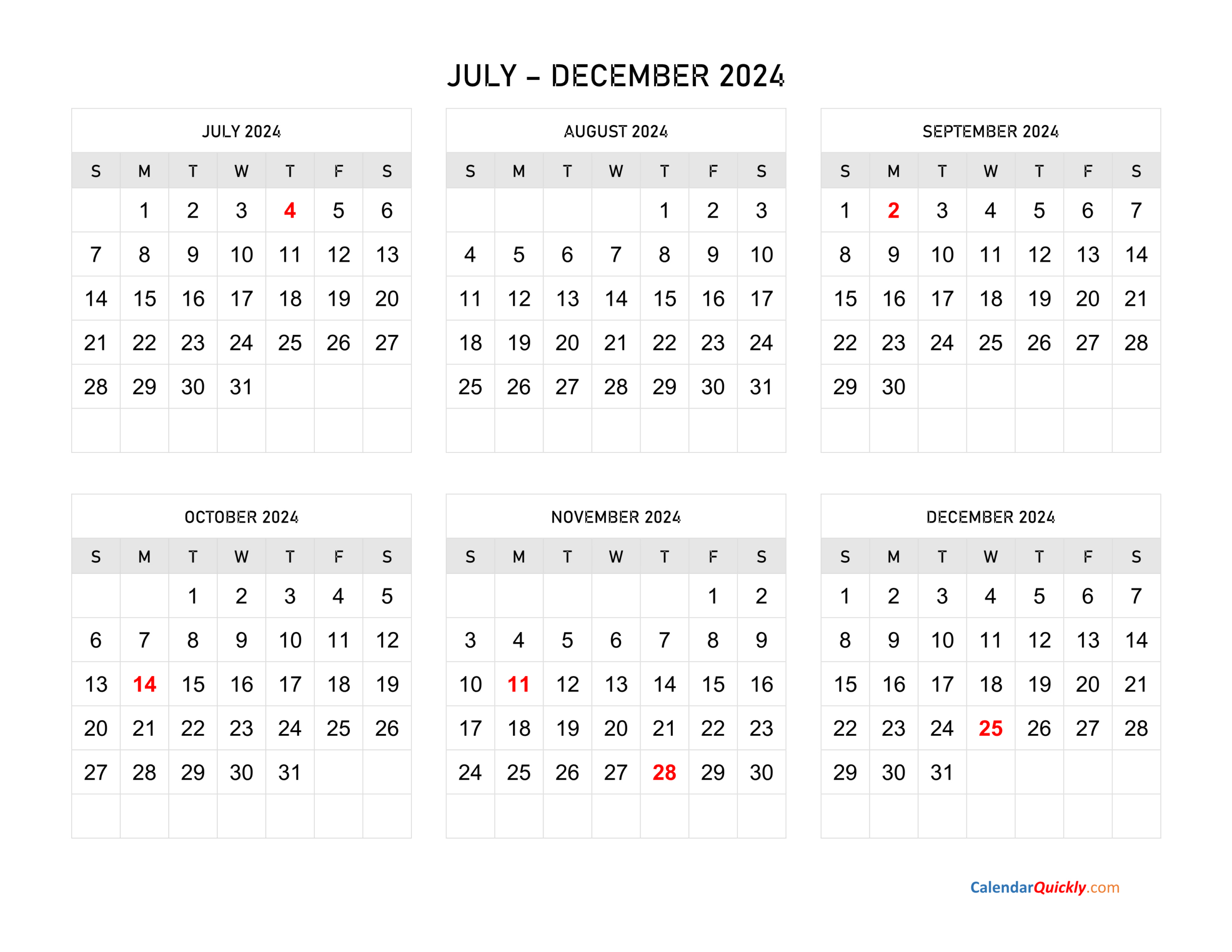 July To December 2024 Calendar Horizontal | Calendar Quickly intended for Printable Calendar July To December 2024