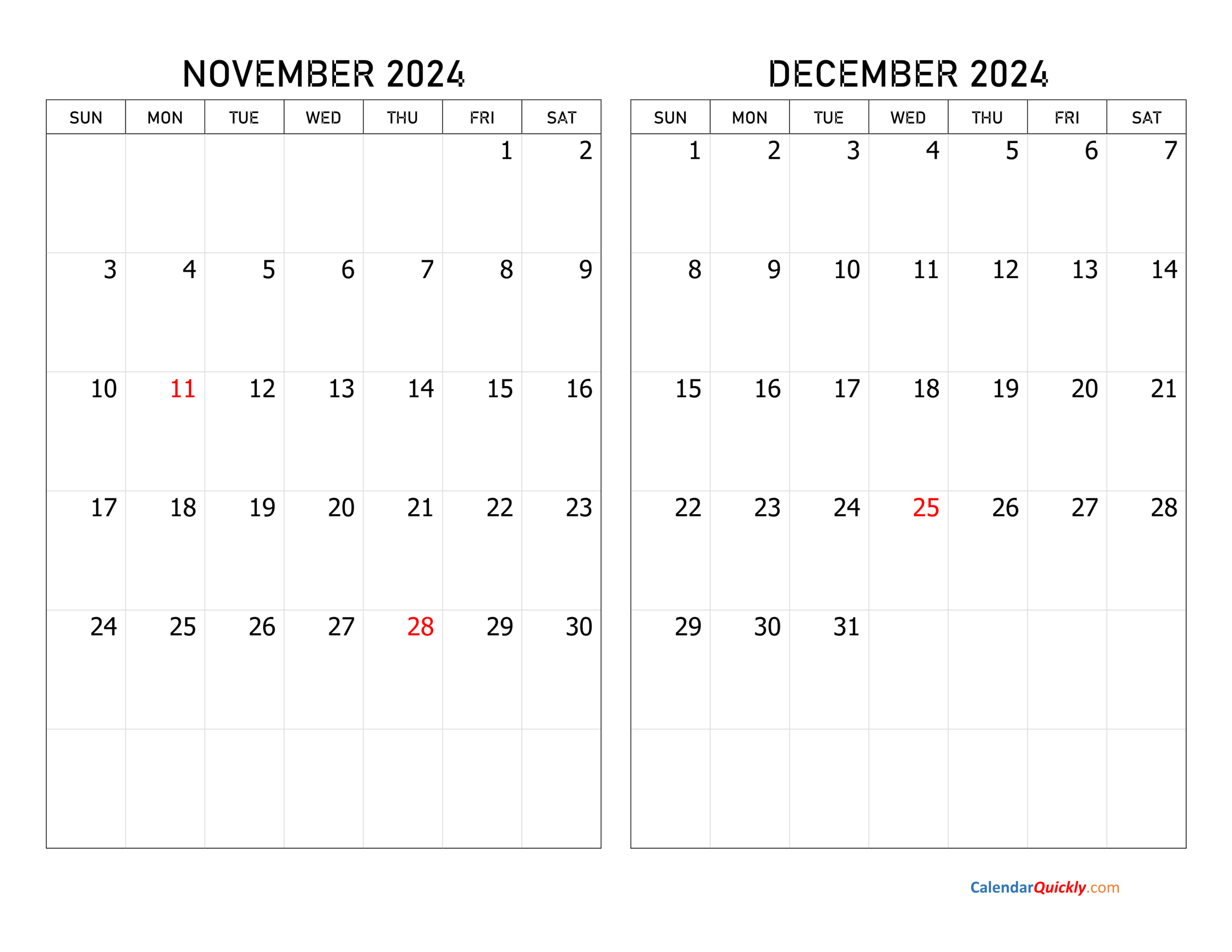 November And December 2024 Calendar | Calendar Quickly intended for Calendar November and December 2024 Printable