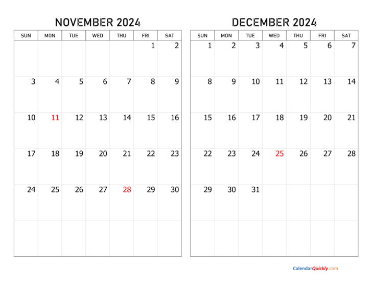 Printable November December 2024 Calendar