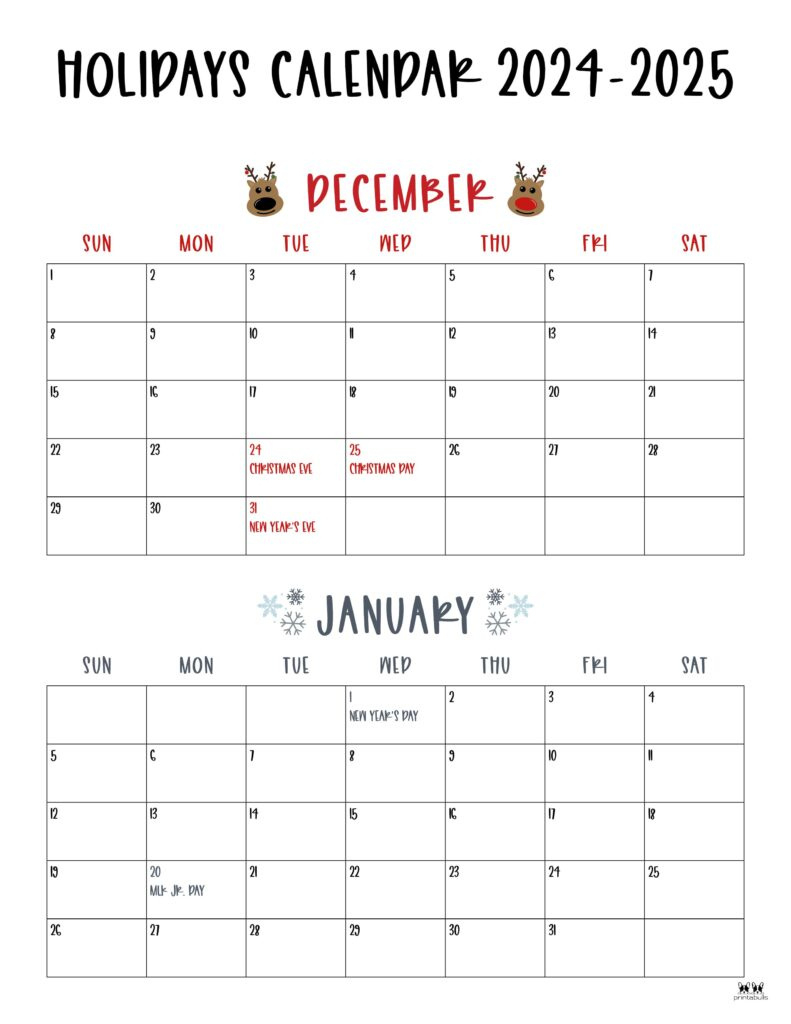 November December 2024 Calendars - 28 Printables | Printabulls in December 2024 And January 2025 Calendar Printable