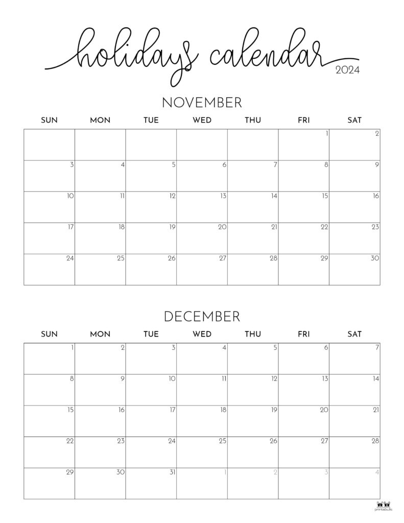 November December 2024 Calendars - 28 Printables | Printabulls in Printable October November December 2024 Calendar