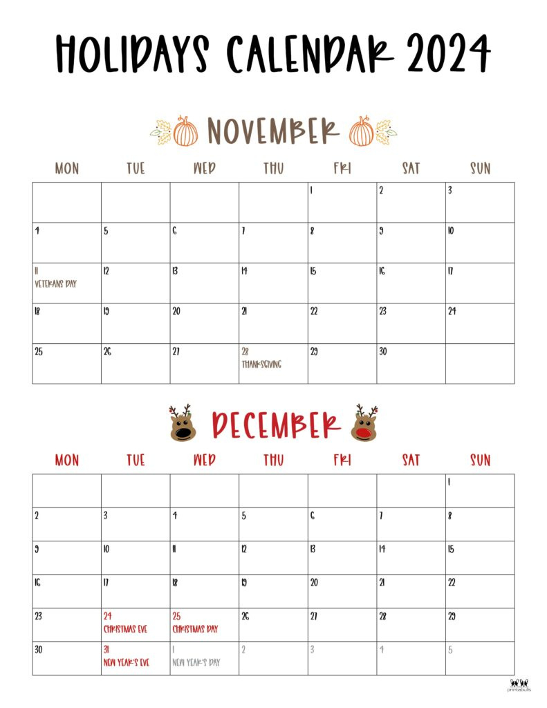 November December 2024 Calendars - 28 Printables | Printabulls throughout Printable November and December 2024 Calendar