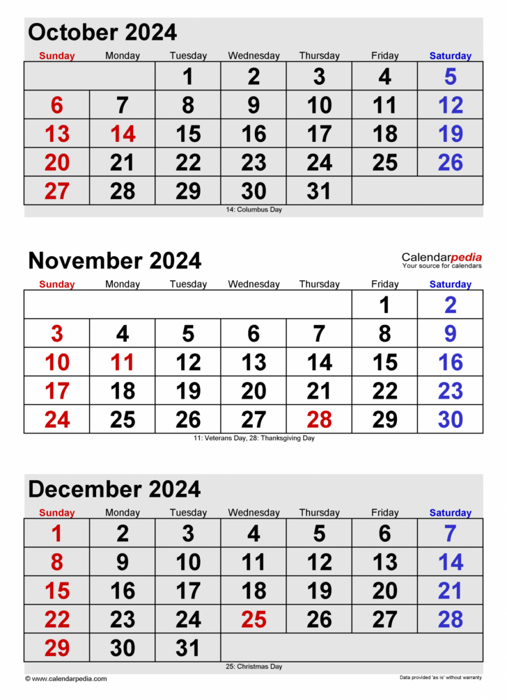 Printable Calendar For October November December 2024