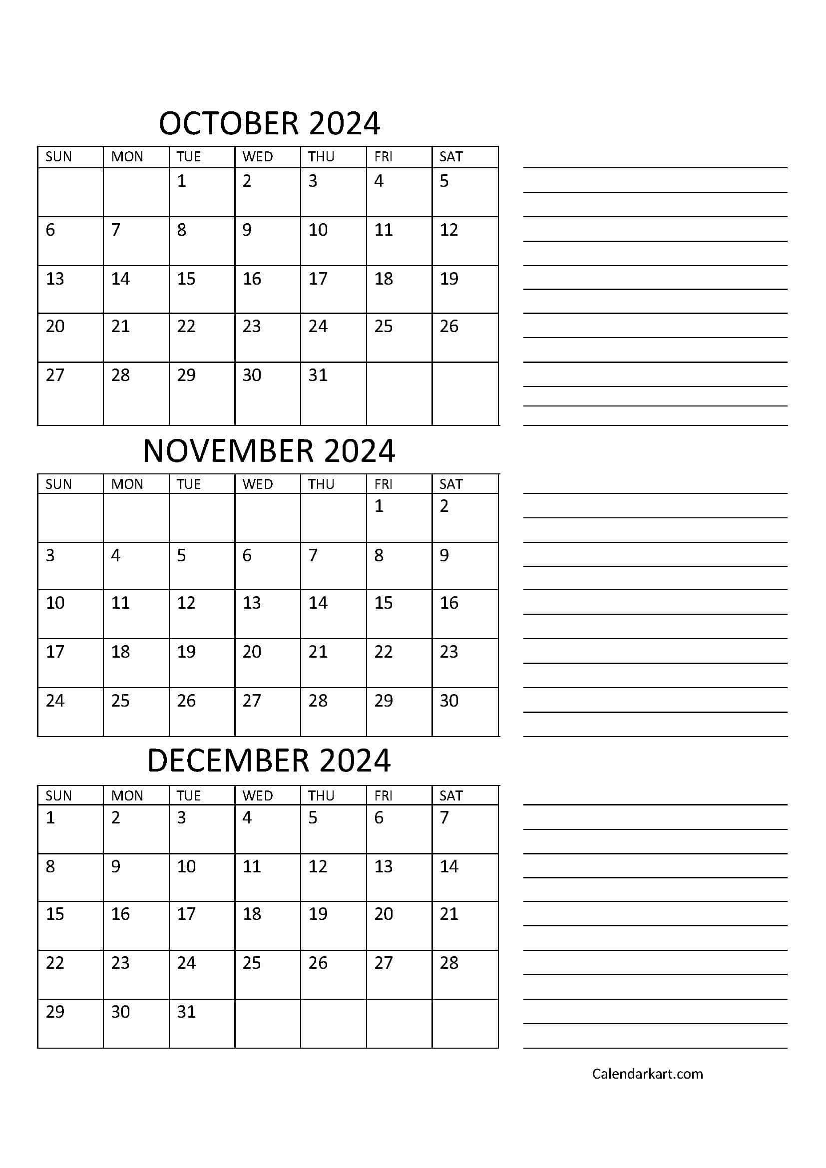 October To December 2024 Calendar (Q4) - Calendarkart for October November December 2024 Calendar Printable