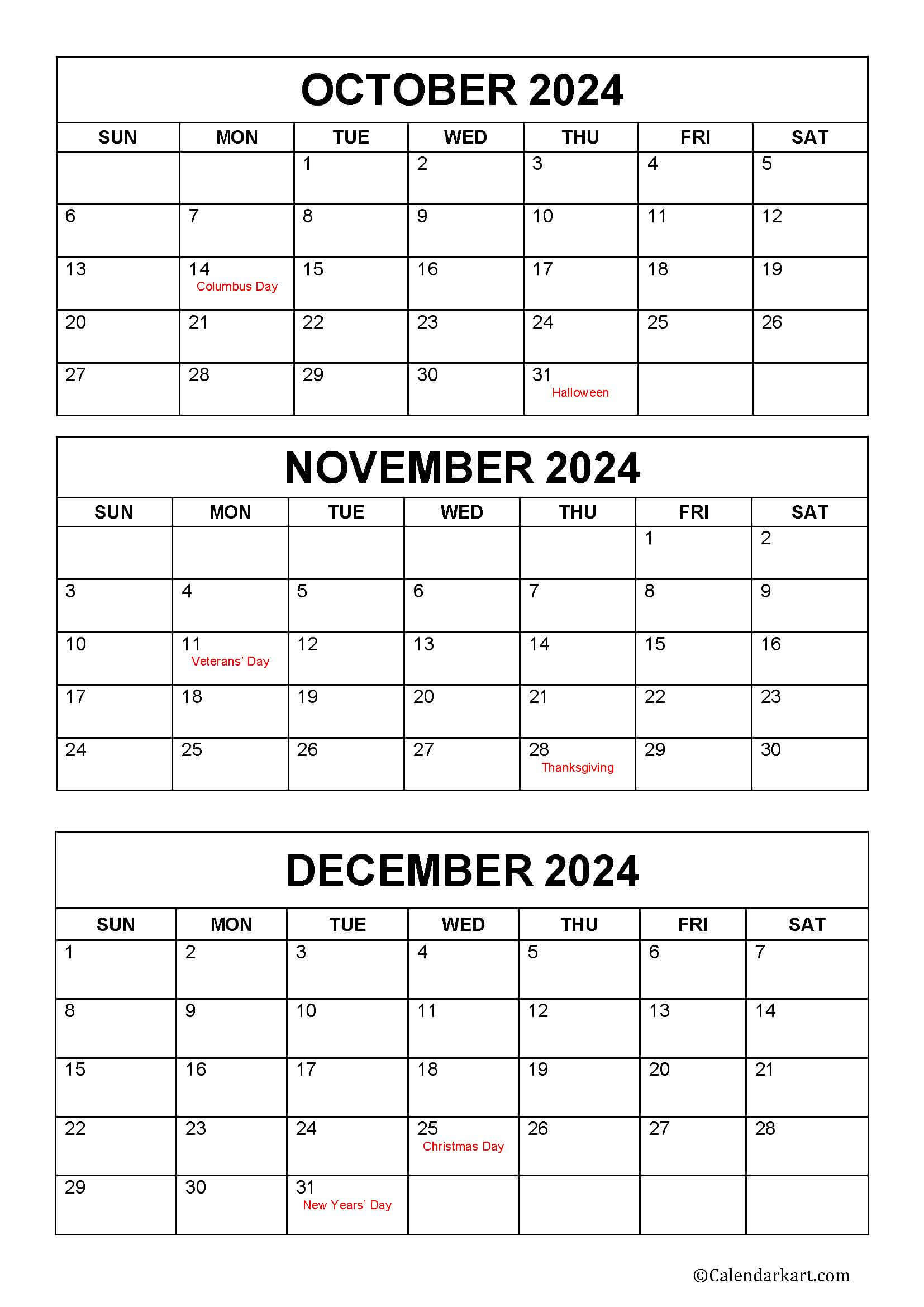 October To December 2024 Calendar (Q4) - Calendarkart in Printable Calendar For October November December 2024