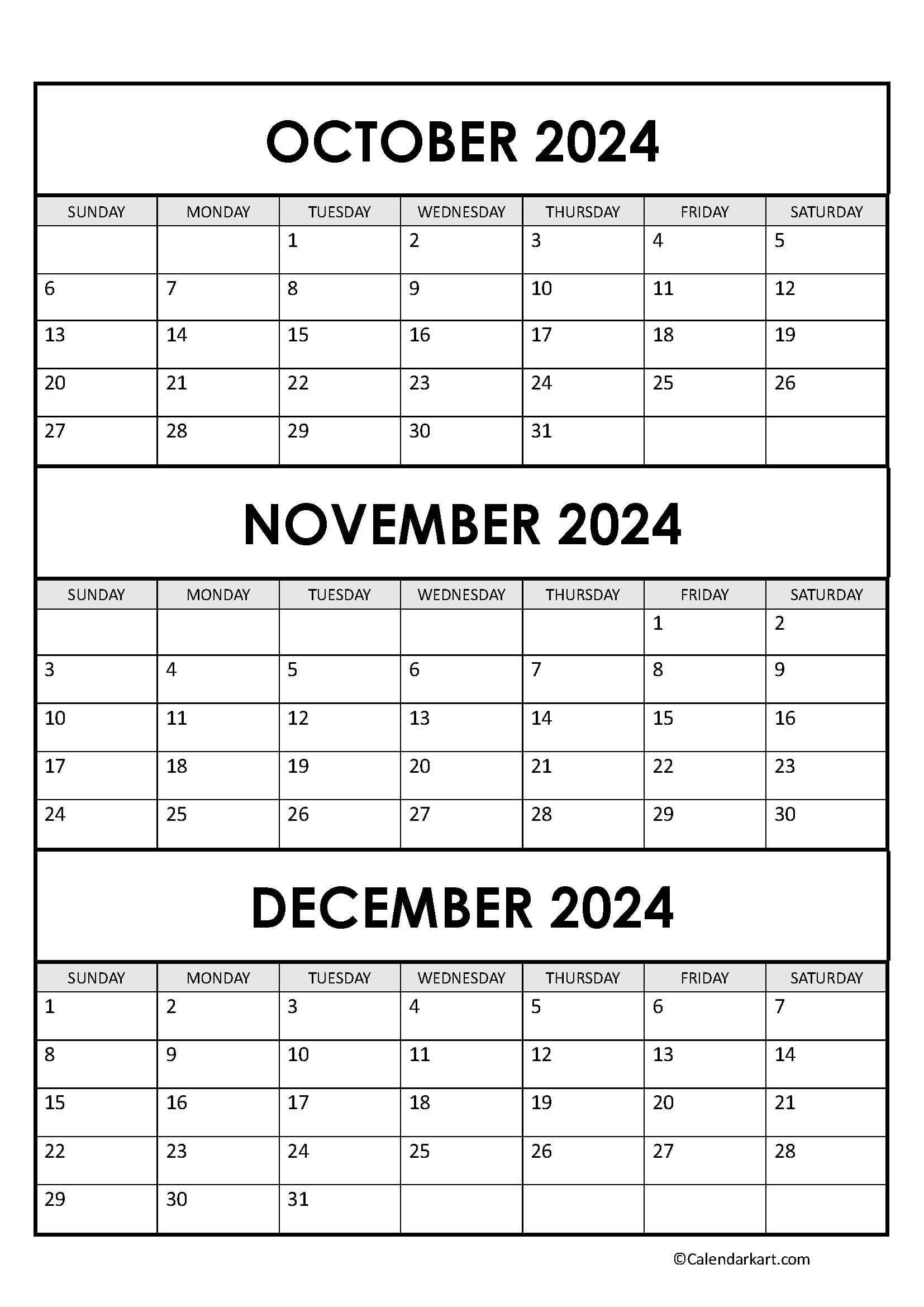 October To December 2024 Calendar (Q4) - Calendarkart inside October November December 2024 Calendar Printable Free