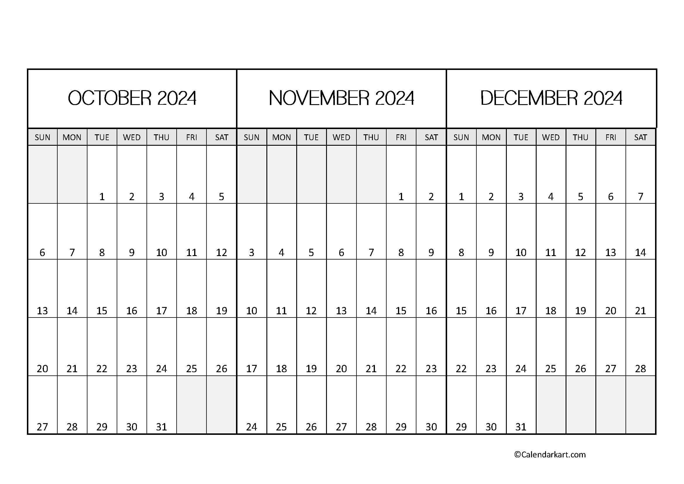 October To December 2024 Calendar (Q4) - Calendarkart throughout October November December 2024 Calendar Printable