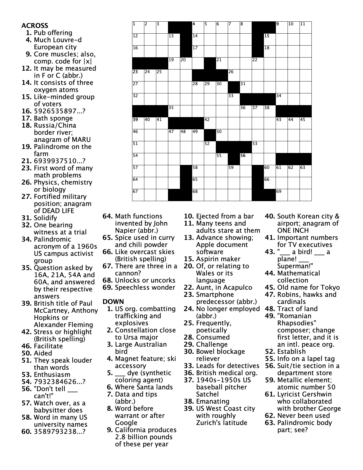 Pi Day 2024 Crossword Puzzle « Math Scholar for December 2024 Puzzles Printable