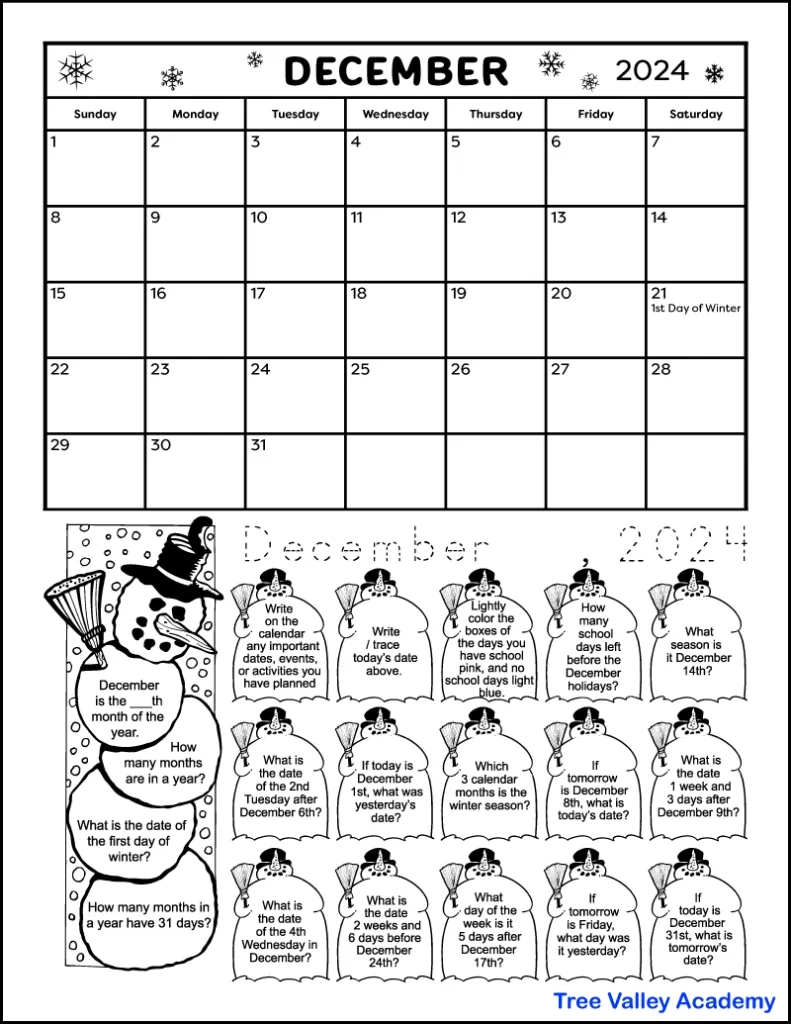 Printable December 2024 Calendar &amp;amp; Kids Calendar Worksheets for December 2024 Holiday Worksheets Free Printable