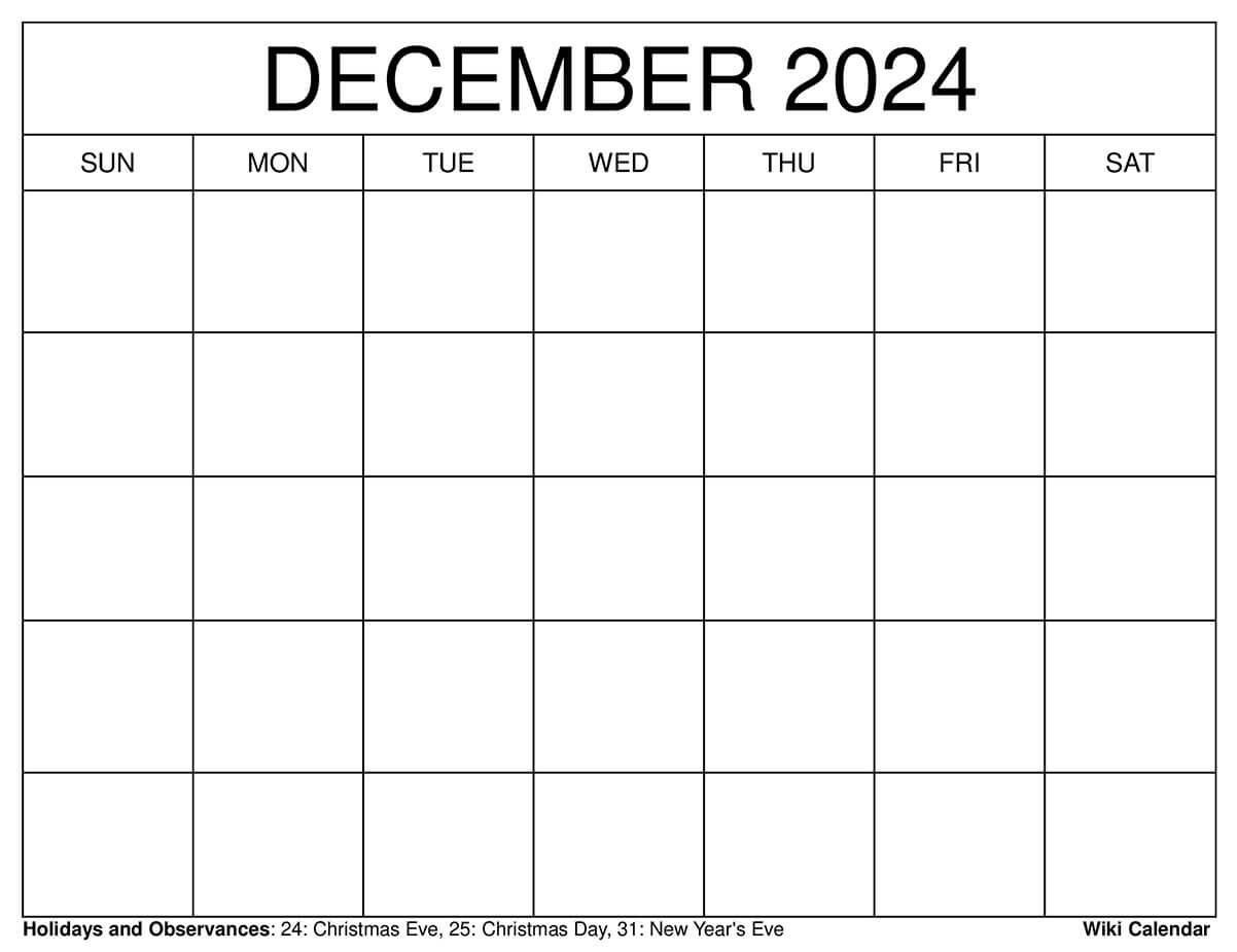 Printable December 2024 Calendar Templates With Holidays for Printable December 2024 Calender