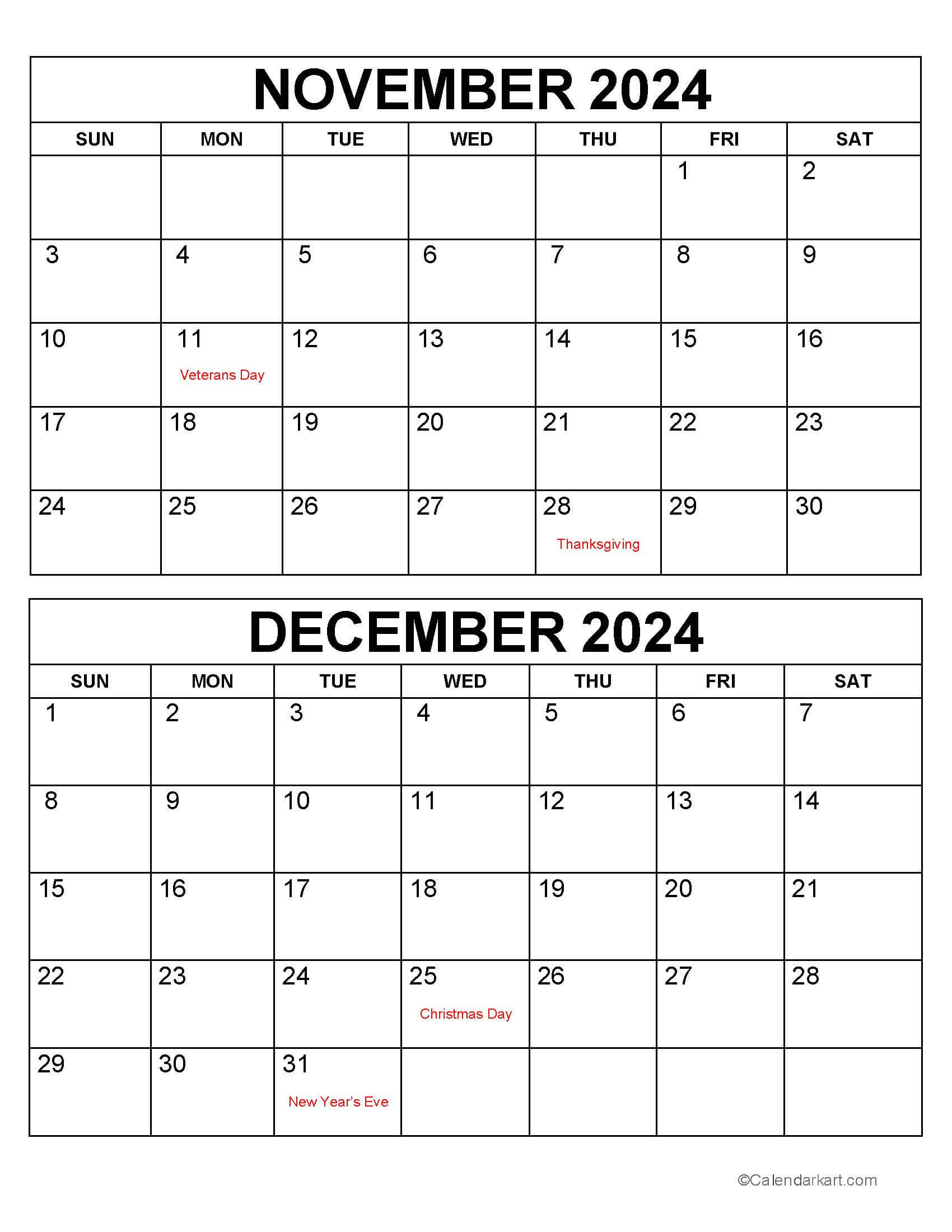 Printable November December 2024 Calendars | Calendarkart for Calendar November And December 2024 Printable