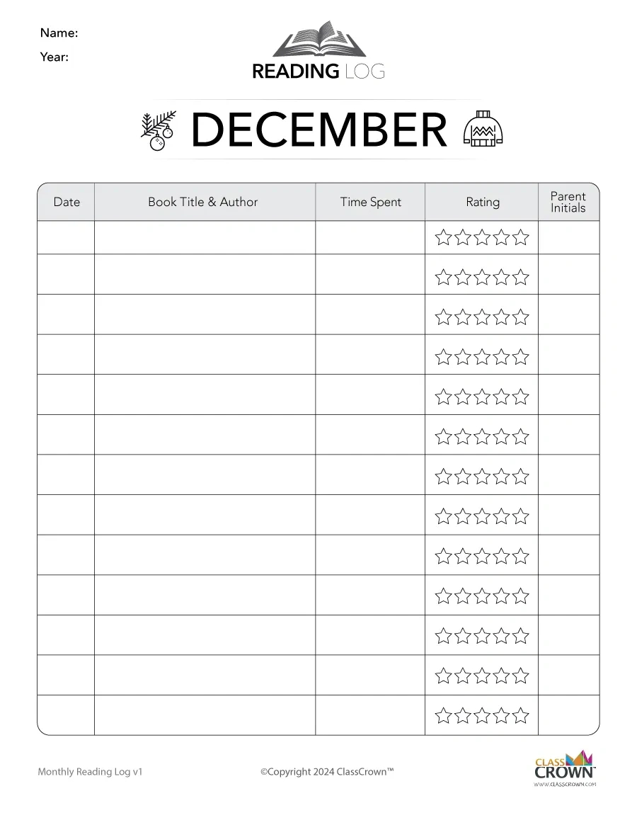 Reading Log: December - Free Reading Charts | Classcrown pertaining to Free Printable December 2024 Reading Log