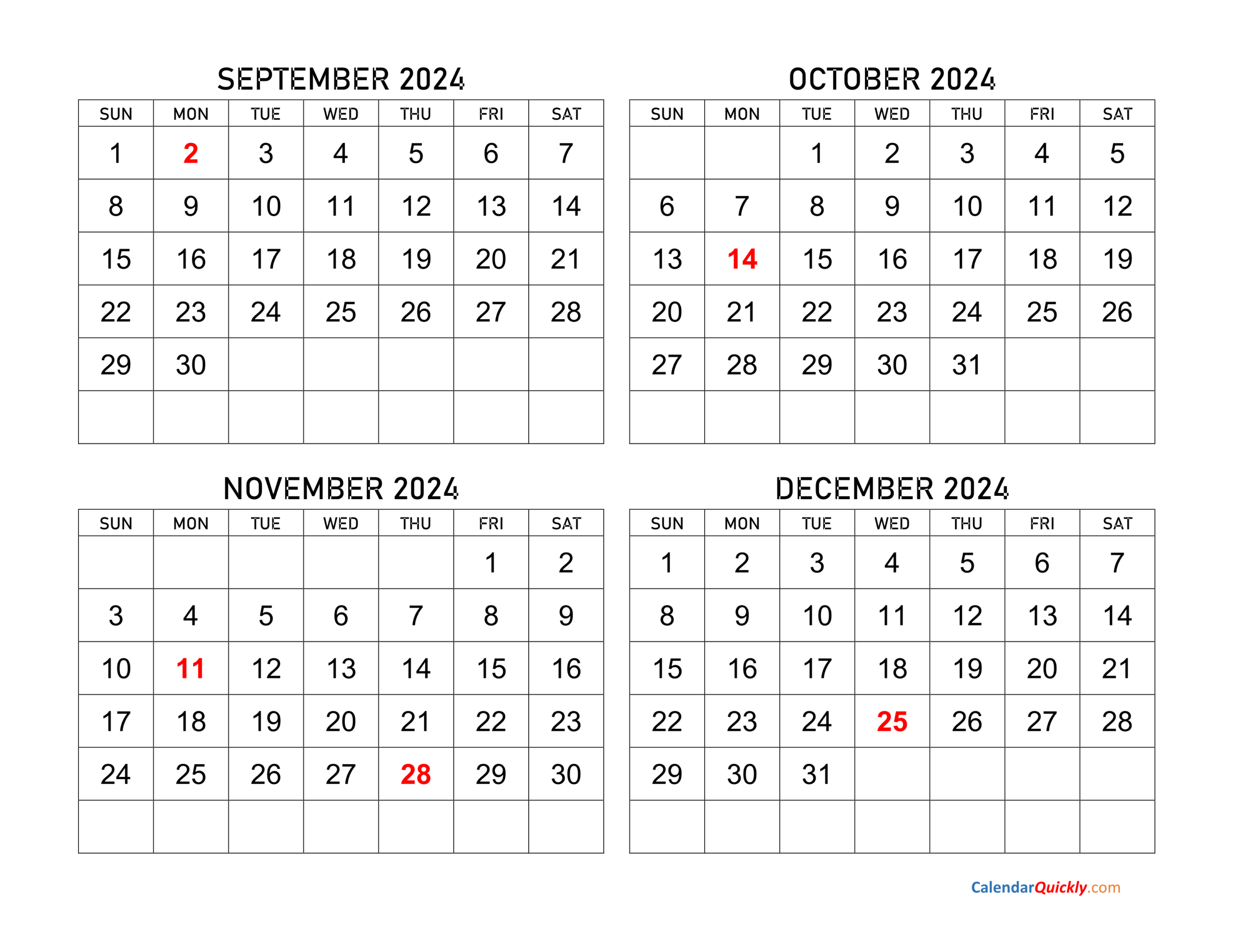 September To December 2024 Calendar | Calendar Quickly pertaining to Printable Calendar 2024 September To December