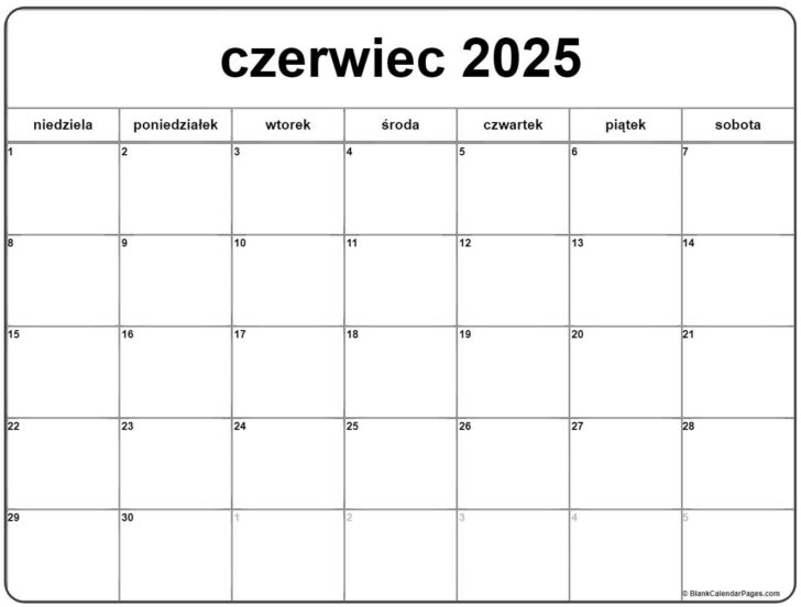 Kalendarz 2025 Czerwiec