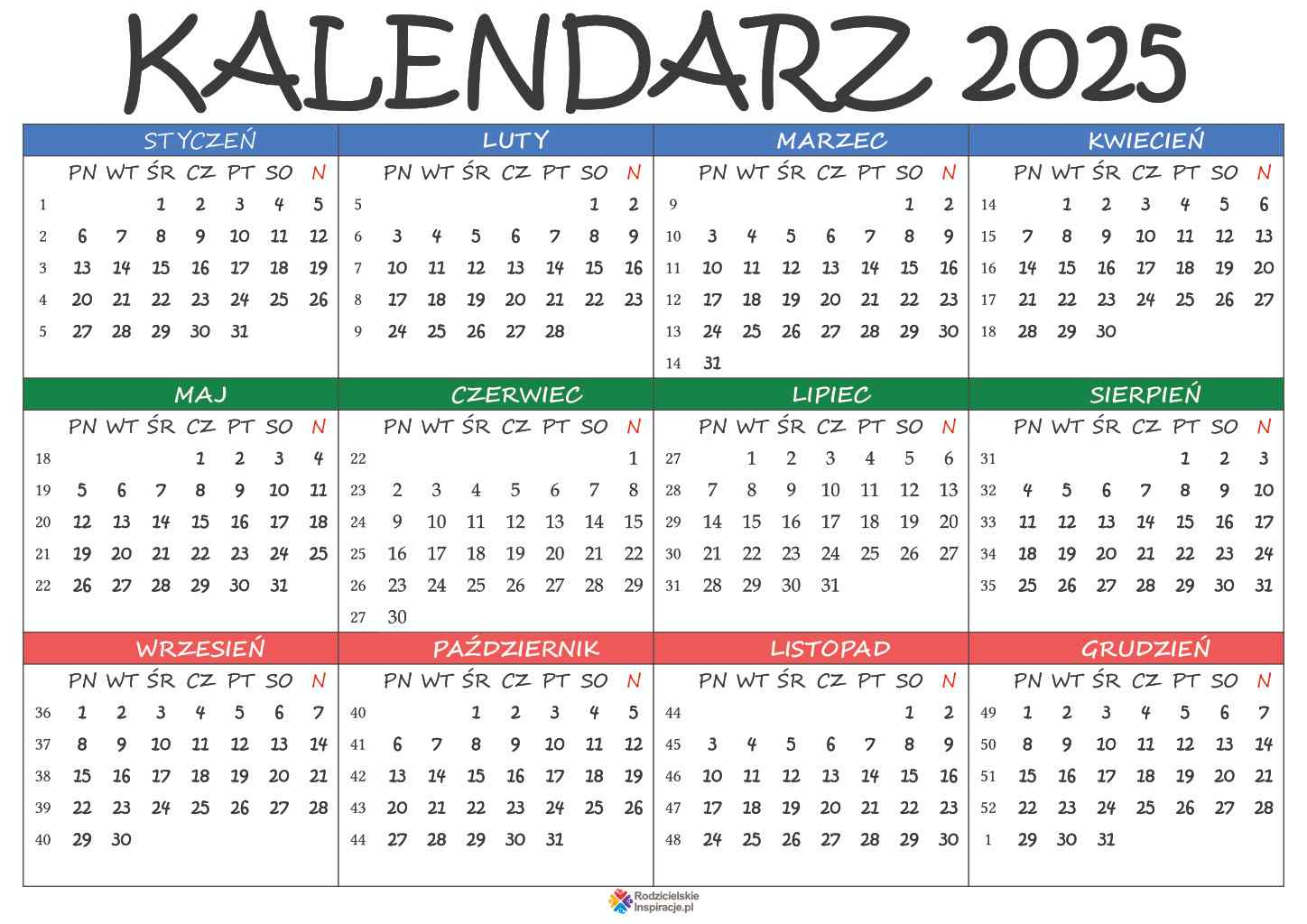 Kalendarz 2025 Do Druku W Pdf. Do Pobrania Za Darmo - Kolorowanki | Kalendarz 2025 Do Druku