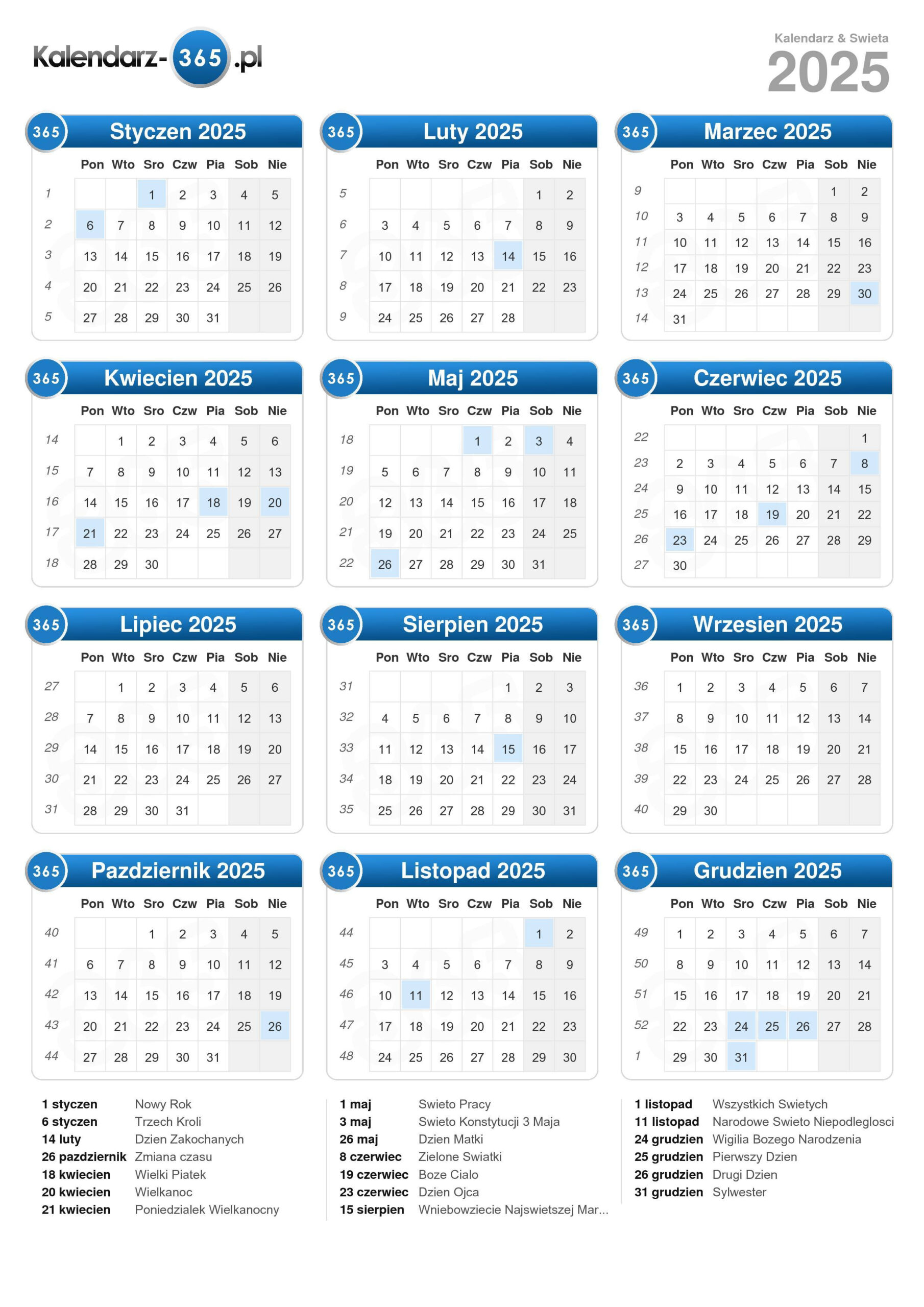 Kalendarz 2025 | Kalendarz Z Numerami Dni 2025