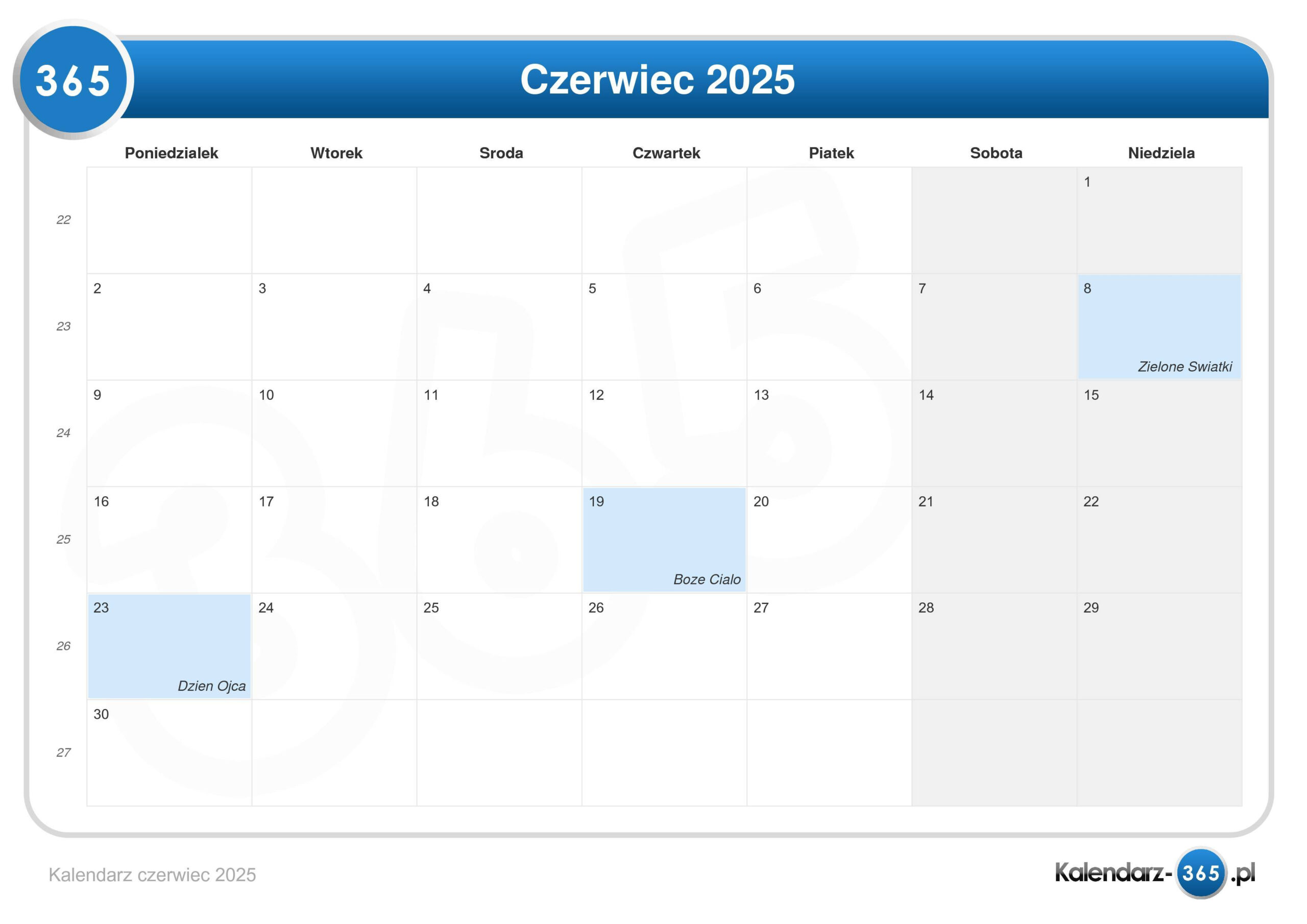 Kalendarz Czerwiec 2025 | Kalendarz 2025 Czerwiec