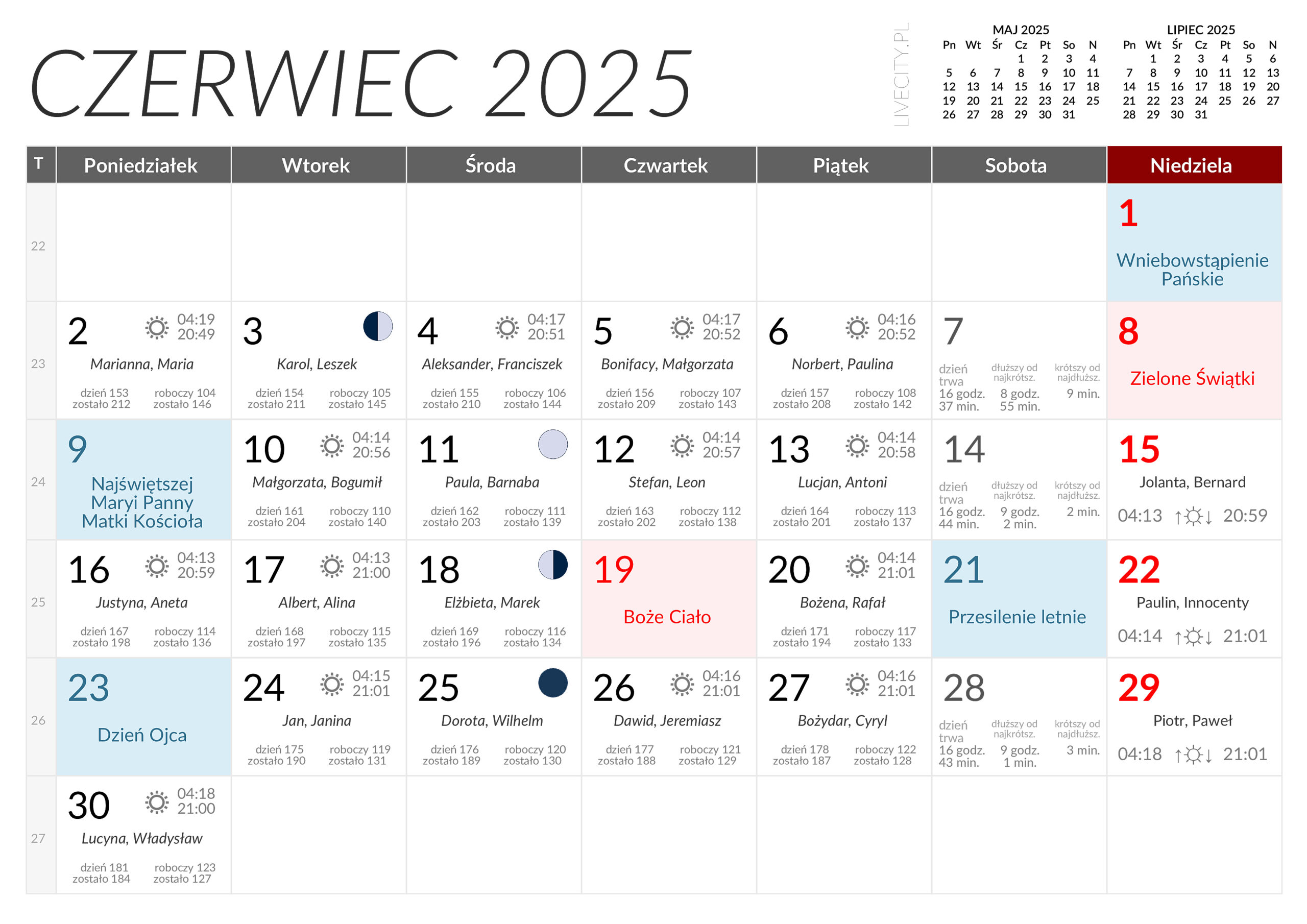 Kalendarz Czerwiec 2025 - Kalendarz Czerwca | Kalendarz 2025 Czerwiec